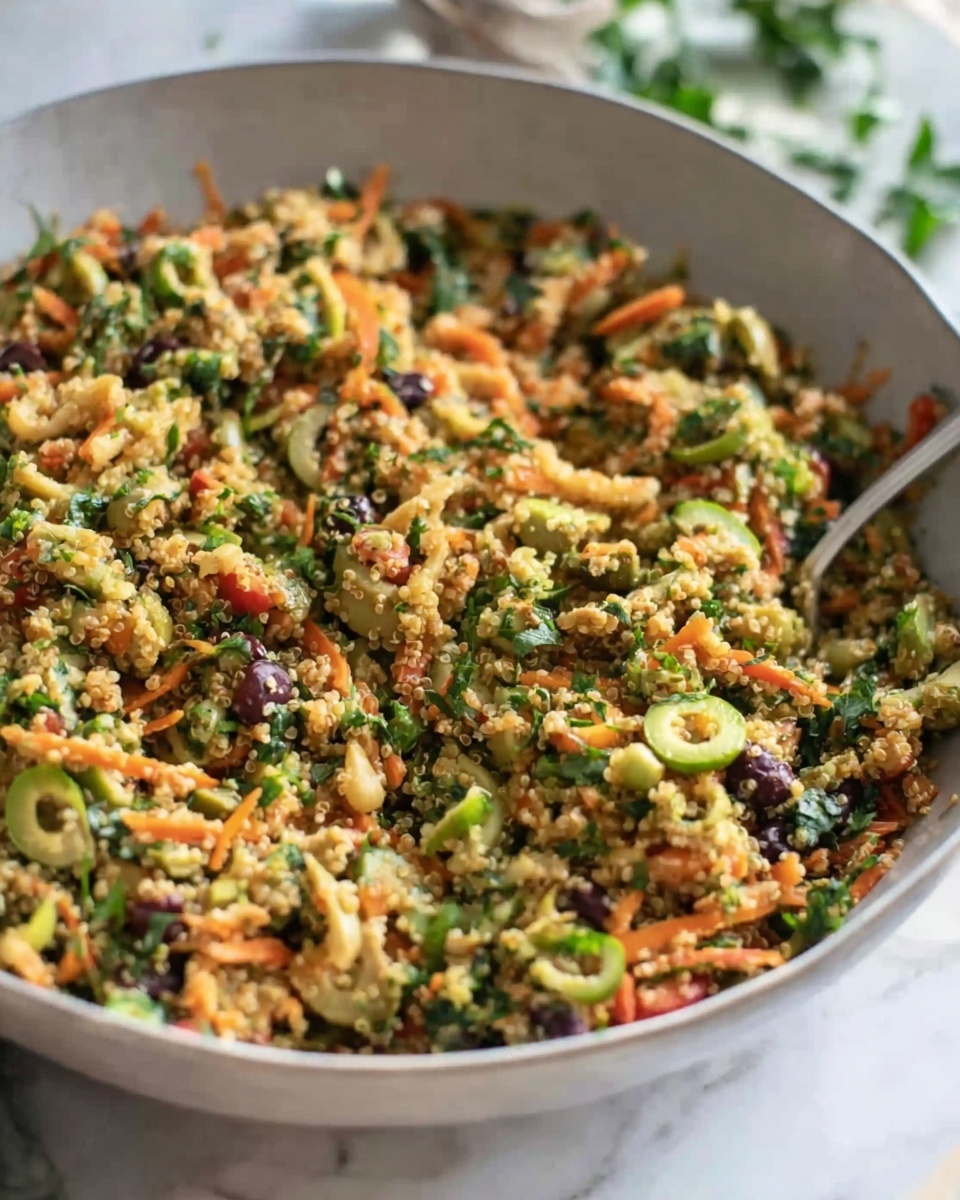 A close-up view of a large white bowl filled with a mixed salad featuring several layers: the bottom layer consists of light golden quinoa grains, over which there are finely chopped green herbs and small pieces of orange carrots. Scattered throughout are sliced olives and bits of red bell pepper, adding pops of dark purple and bright red color. The textures vary from soft quinoa to crisp vegetables, all mixed evenly. The bowl sits on a white marbled surface with some blurred green leaves in the background, and a woman's hand holding a spoon is partly visible on the right side. photo taken with an iphone --ar 4:5 --v 7
