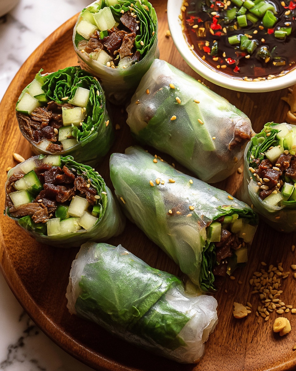 The image shows six fresh spring rolls on a wooden board. Each spring roll is wrapped in a thin, see-through rice paper skin, showing layers inside. The first layer inside is bright green fresh leafy vegetables, followed by dark brown cooked meat pieces, and small light green cucumber cubes, all tightly rolled. The rolls are cut in half, showing the colorful inside layers clearly. Around the rolls are small sesame seeds scattered on the rice paper. In the top right, there is a small white bowl filled with dark sauce topped with chopped green onions and red chili flakes. The whole scene is set on a white marbled surface. Photo taken with an iphone --ar 4:5 --v 7