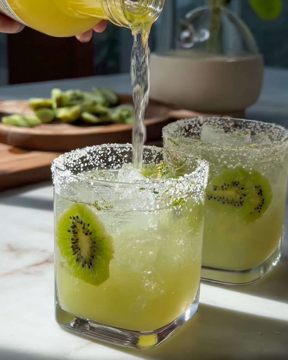 The image shows two clear, square glasses filled with a light yellow-green drink on a white marbled surface. Each glass has ice cubes floating inside, and slices of kiwi pressed against the glass walls, adding a fresh green color with a textured look. The rims of the glasses are coated with coarse, white salt crystals, giving a rough, sparkling effect. In the background, there is a blurred pitcher and some green garnishes on a wooden board. A woman's hand is pouring more liquid into one of the glasses from a yellow bottle. The lighting is soft and natural, highlighting the fresh and cool feel of the drinks. photo taken with an iphone --ar 4:5 --v 7