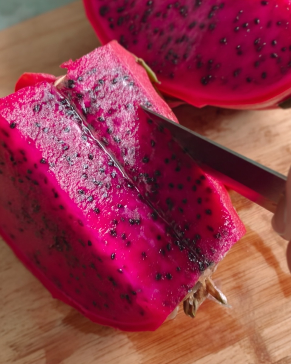 The image shows a bright pink dragon fruit being sliced on a light brown wooden board. The fruit's thick pink outer skin with white specks is visible, along with its soft inner flesh dotted with many small black seeds. A sharp knife blade is placed at the middle of a thick slice, partially cutting it. A woman's hand is holding the fruit steady at the edge of the frame. The wooden board takes up most of the background with some juice stains on it. Photo taken with an iphone --ar 4:5 --v 7