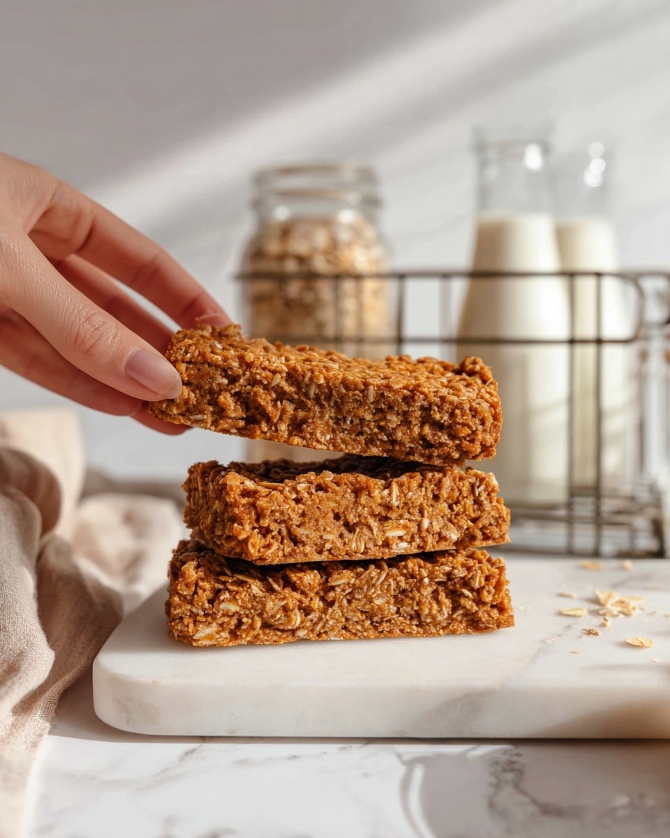 The image shows three thick rectangular oatmeal bars stacked on a white marble board; the bars have a rough texture with visible oats and a golden brown color, with the top bar being held gently by a woman's hand from the side. In the background, there are clear glass jars filled with oats and other ingredients, and three small glass bottles filled with milk held in a metal rack, all set on a white marbled surface. The overall look is warm and cozy with natural lighting highlighting the details of the bars. photo taken with an iphone --ar 4:5 --v 7