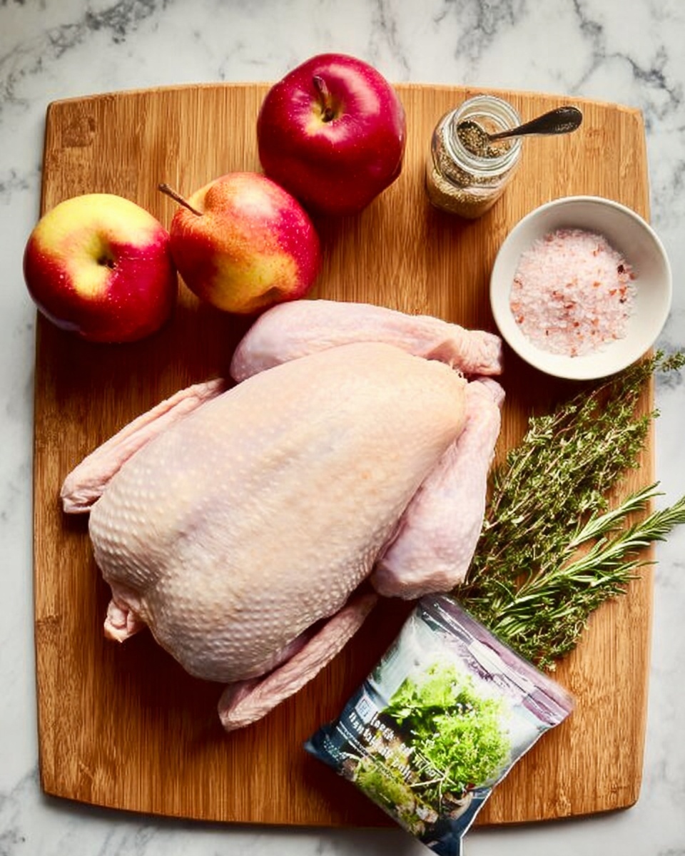 A wooden cutting board holds a whole raw duck placed in the center, its pale pink skin smooth and slightly textured. Three red and yellow apples with shiny skin rest to the left side of the duck, adding bright color. Below the apples, there is a small bunch of green rosemary sprigs. To the right of the duck, a white bowl with a pink salt-like substance and a small silver spoon sit next to a glass jar of dried seasoning. Partly covering the duck's lower right side is a small packet with a picture of fresh green herbs. The cutting board sits on a white marbled surface. photo taken with an iphone --ar 4:5 --v 7