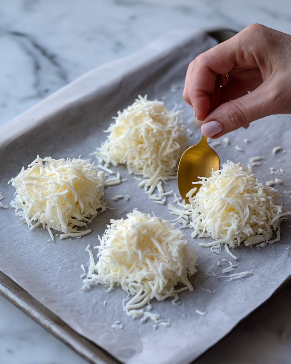 The image shows four small piles of shredded white cheese arranged in a square on a baking sheet covered with grey parchment paper. The cheese piles are loose with some scattered strands around them. A woman's hand is holding a yellow spoon positioned over the bottom right pile, as if she is about to scoop or press the cheese. The background surface is white marbled and visible around the baking sheet. The lighting is soft and natural. photo taken with an iphone --ar 4:5 --v 7