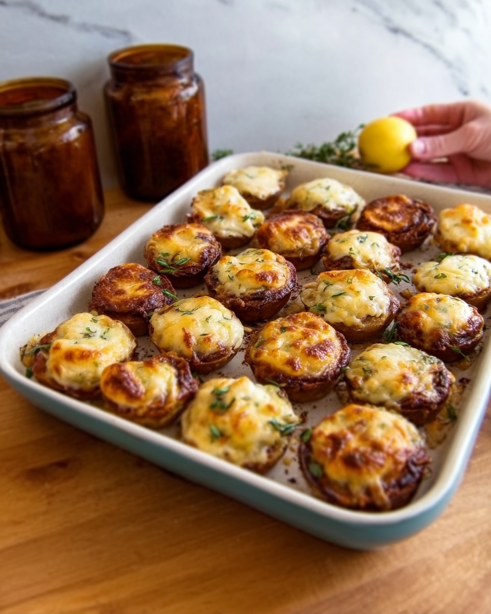 A white tray filled with two layers of small baked round pieces; the bottom layer is mostly golden brown with some darker spots, topped with a golden-yellow melted cheese layer that is slightly crispy and bubbled, sprinkled with green herbs. The tray is placed on a wooden surface with two brown jars in the blurred background, and a woman's hand holding a small, round yellow fruit with leaves is visible on the left side. The background is a white marbled texture. photo taken with an iphone --ar 4:5 --v 7