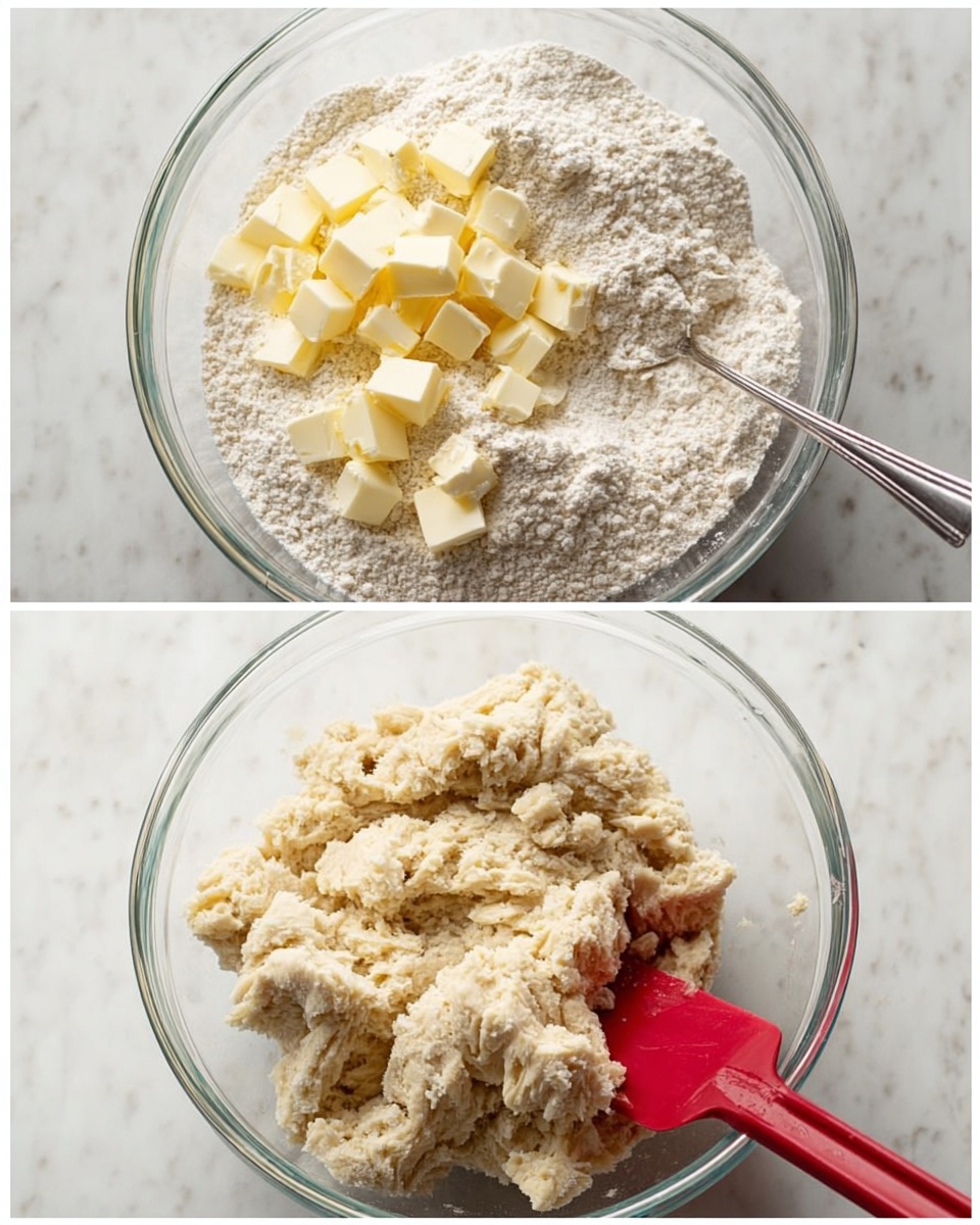 The first image shows a clear glass bowl filled with white flour and many small pieces of pale yellow butter scattered on top, with a silver spoon resting inside the bowl on the right side. The second image shows the same clear glass bowl now filled with a rough, chunky dough that is pale beige in color, with a red spatula partially inserted into the dough on the right side. Both images are set on a white marbled surface. photo taken with an iphone --ar 4:5 --v 7