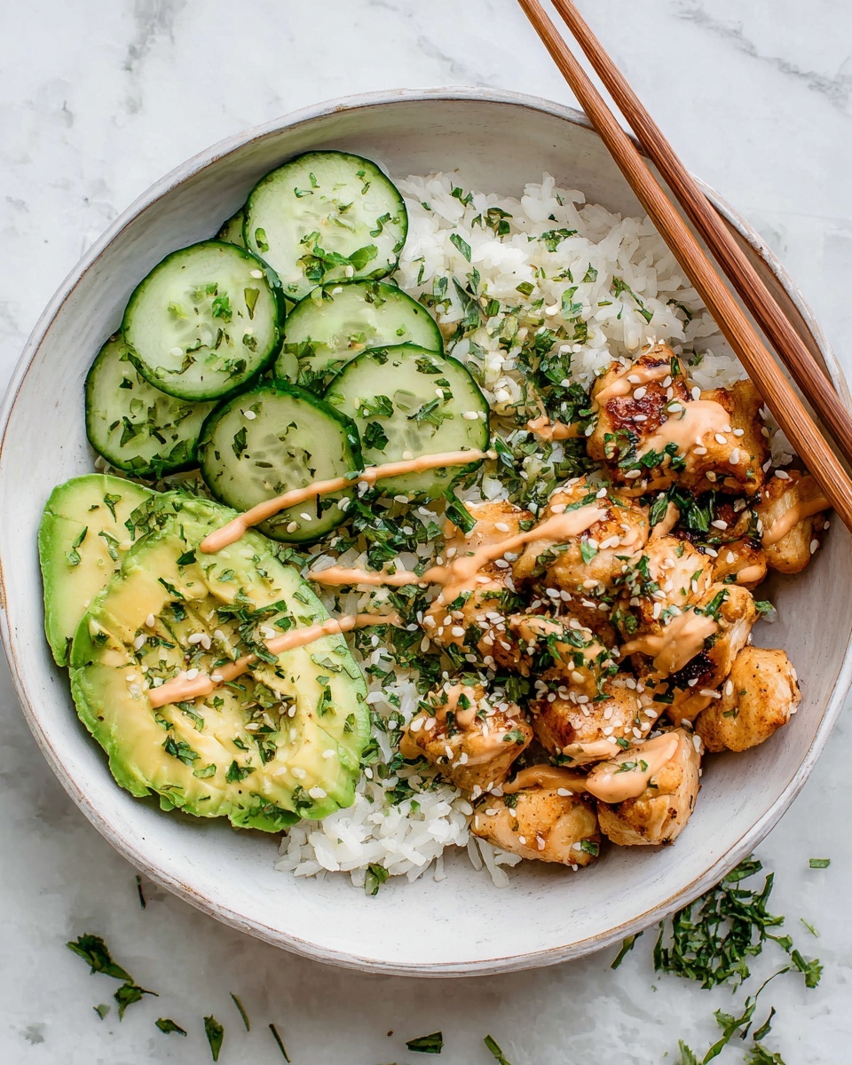A white bowl filled with three clear layers: steamed white rice at the bottom, topped with bright green cucumber slices sprinkled with herbs on one side, and light green avocado slices with a soft texture on the other side. The third layer is grilled chunks of golden brown chicken drizzled with a light orange creamy sauce and sprinkled with green herbs and sesame seeds, placed beside the cucumber and avocado. A pair of wooden chopsticks rests on the edge of the bowl, which sits on a white marbled surface with a few stray green herbs around. Photo taken with an iphone --ar 4:5 --v 7