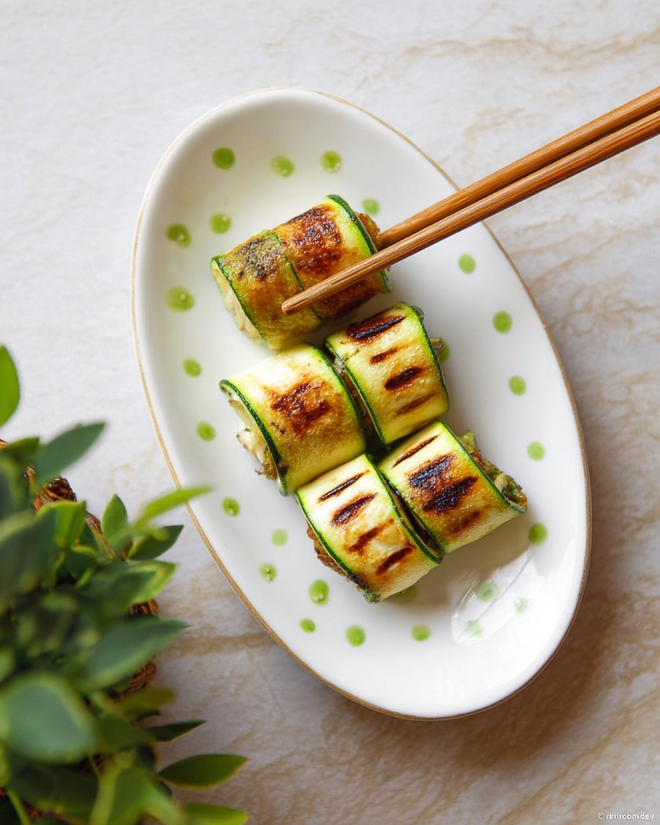 The image shows four grilled green zucchini rolls on a white oval plate with small green dots, placed on a white marbled surface. Each roll is browned with light and dark grill marks, showing a slightly crispy and textured outer layer. The rolls are tightly wrapped, short, and cylindrical, with a visible filling peeking out from the sides. A pair of wooden chopsticks is holding one of the zucchini rolls above the plate. A small leafy green plant is partially visible on the left side. The photo taken with an iphone --ar 4:5 --v 7