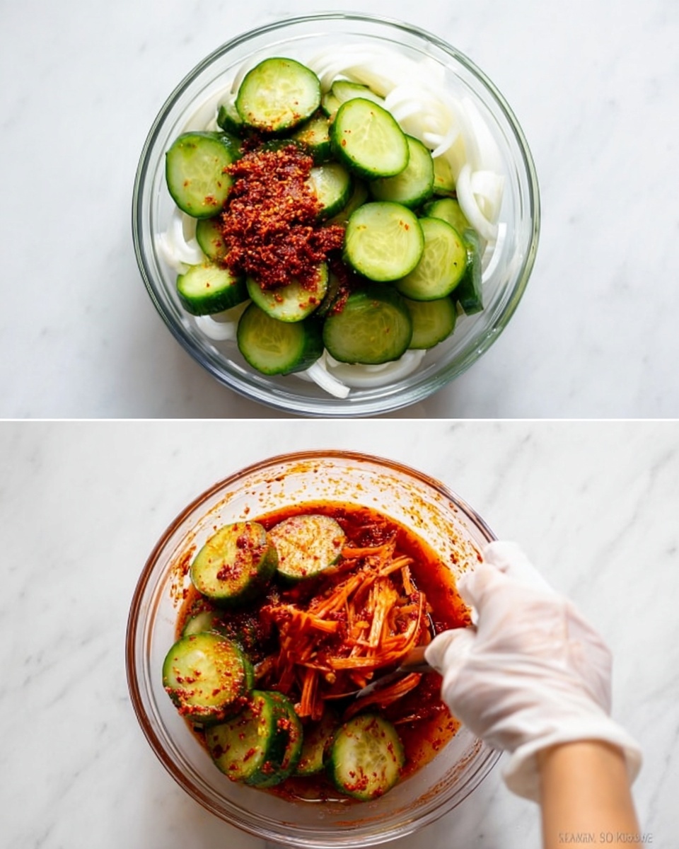 The image shows two clear bowls with sliced cucumbers and white onions. In the first bowl, thin green cucumber slices are placed in the bottom layer with white onion slices on top and a reddish chili paste mixture added over them. The second bowl shows the cucumbers coated in the same red chili paste with some carrot strips mixed in, being stirred by a woman's hand wearing a white glove. Both bowls sit on a white marbled surface photo taken with an iphone --ar 4:5 --v 7