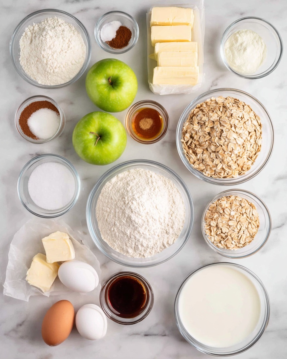 The image shows a white marbled surface with several clear glass bowls and small clear containers holding different ingredients arranged neatly. There are two green apples placed in the middle, surrounded by a glass bowl of white flour, a bowl of light brown sugar, a bowl of oats, and a small glass container of honey. Near the apples are two sticks of butter wrapped in paper, a small glass container of dark liquid, and three white eggs. There are also small glass bowls with cinnamon, salt, milk, sour cream, and sugar placed around the larger bowls. The colors are soft and natural with white, tan, green, and light brown tones. photo taken with an iphone --ar 4:5 --v 7