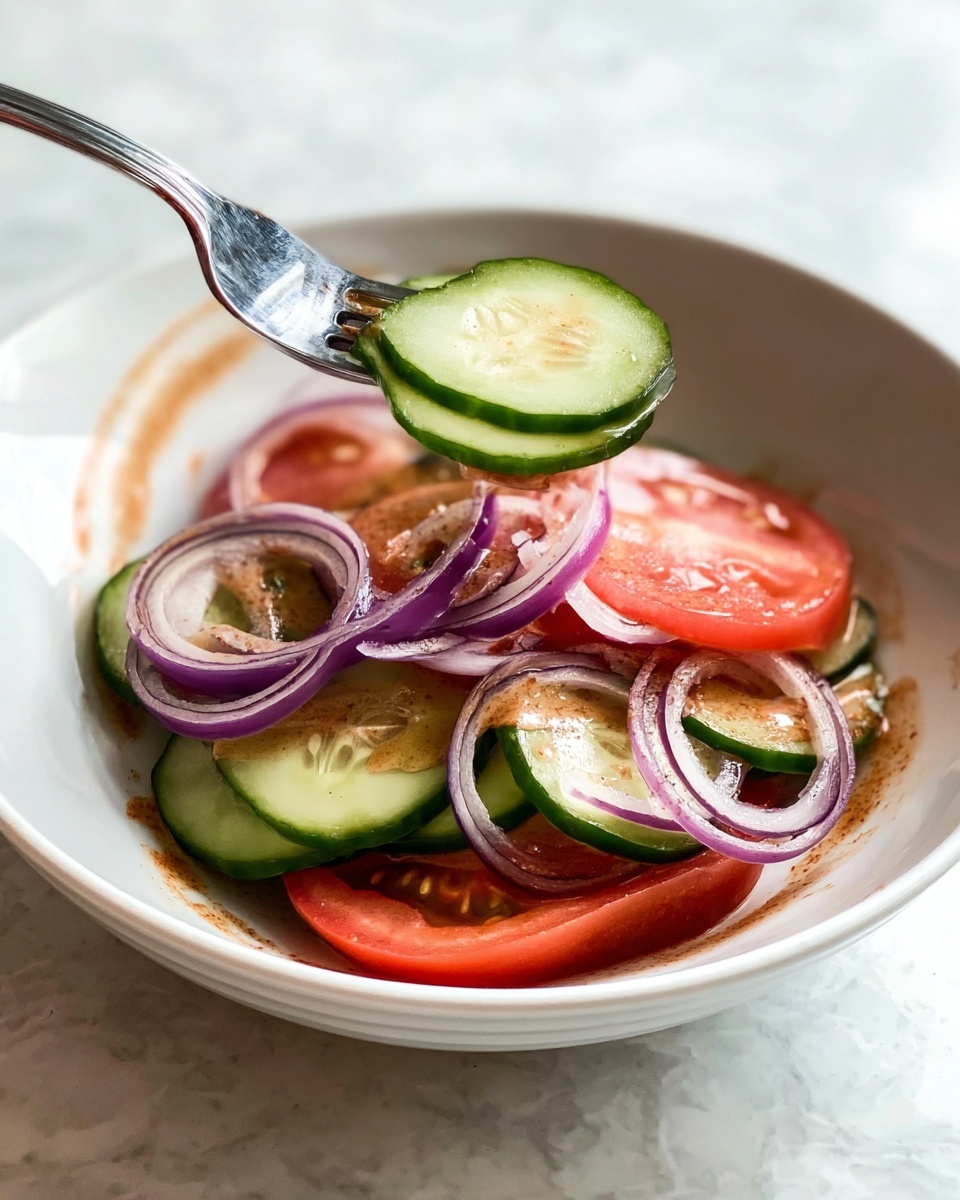 A white bowl contains a simple salad with three visible layers: the bottom layer is red tomato slices, the middle layer consists of green cucumber slices, and the top layer has thin, curved light purple-red onion slices. Around the salad inside the bowl, there is a light brown dressing or sauce. A silver fork lifts a cucumber slice from the salad. The scene is set on a white marbled surface. photo taken with an iphone --ar 4:5 --v 7