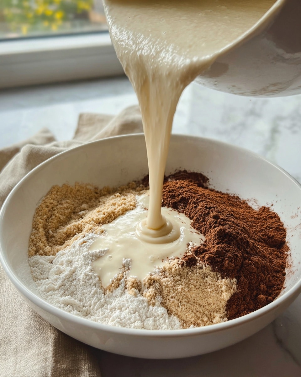 A close-up view of a white bowl filled with several layers of ingredients: light beige flour at the bottom, dark brown cocoa powder on the right side, and a bright white powder sprinkled over it. A thick off-white creamy batter is being poured from above into the center of the bowl, creating smooth swirls as it mixes with the dry ingredients. The scene is set on a white marbled surface with soft natural light coming from a window in the background, showing some green outside and a beige cloth next to the bowl. Photo taken with an iphone --ar 4:5 --v 7