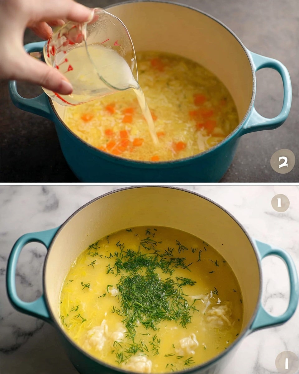 The top image shows a light blue pot with a white inside sitting on a dark surface; inside the pot, a yellowish soup with small orange and white bits is being poured from a glass measuring cup held by a woman's hand. The bottom image shows the same pot filled with a creamy yellow soup, with small soft dumplings floating and bright green chopped dill sprinkled on top. The background is a white marbled texture. photo taken with an iphone --ar 4:5 --v 7