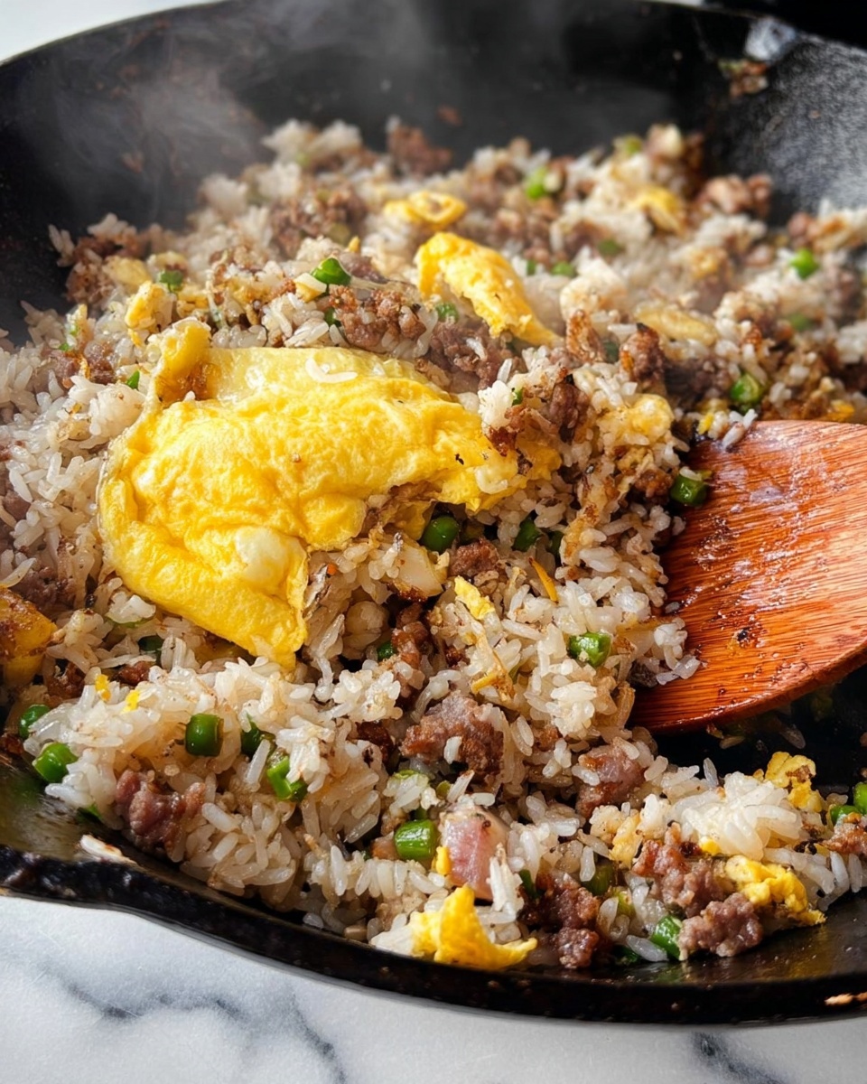 A close-up view of a black cast iron skillet filled with fried rice, showing one folded yellow egg resting on top. The fried rice is a mix of white rice, small green pepper pieces, and brown chunks of meat scattered throughout. The rice looks a bit soft with some slightly crispy parts. A wooden spatula is partially visible in the skillet, stirring the rice. The skillet sits on a white marbled surface with steam rising from the hot food, creating a warm and fresh feeling. Photo taken with an iphone --ar 4:5 --v 7