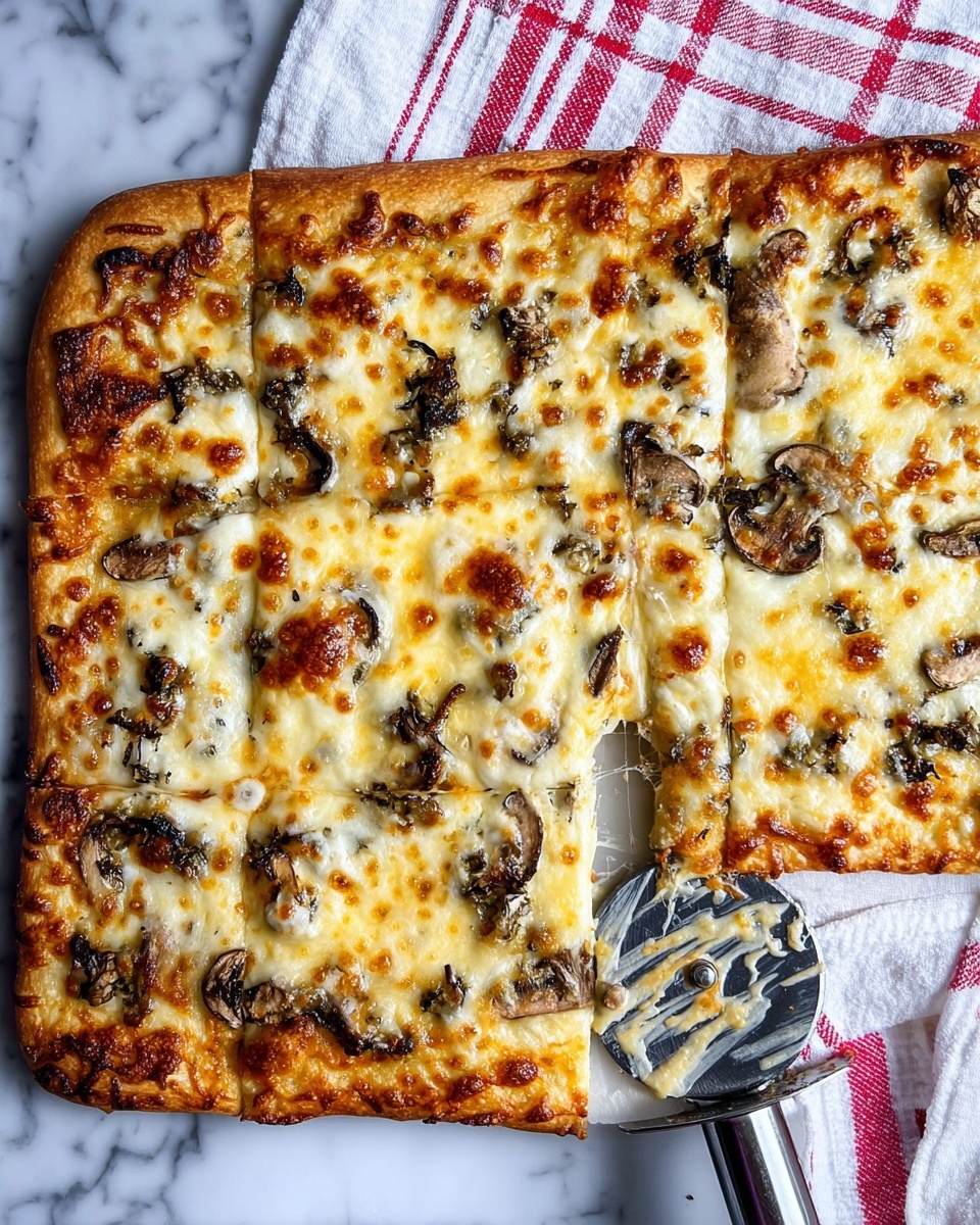 A rectangular pizza with a golden-brown crust on a white marbled surface. The pizza is topped evenly with melted cheese that is light yellow and bubbly with some dark brown spots where it is cooked more. Small pieces of dark mushrooms are spread all over the cheese. The pizza is already sliced into rectangular pieces, and a piece is being lifted, showing melted cheese stretching from the slice to the main pizza. A pizza cutter with some cheese residue is placed nearby, and a white and red striped cloth is partly visible next to the pizza. Photo taken with an iphone --ar 4:5 --v 7
