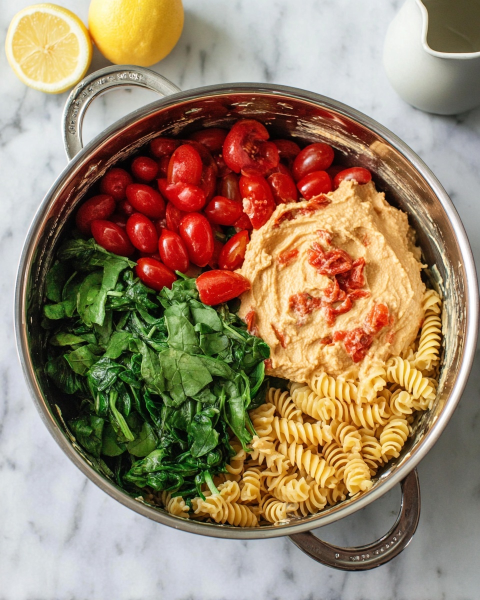 A stainless steel pot filled with four main layers: a base of light yellow cooked spiral pasta on the bottom right, a fresh pile of chopped dark green spinach leaves on the bottom left, a cluster of bright red halved cherry tomatoes filling the top half, and a thick, creamy layer of light tan hummus with visible red pieces spread on top of the spinach and pasta. The pot sits on a white marbled surface with a lemon half visible on the left and a white jug on the upper right. Photo taken with an iphone --ar 4:5 --v 7