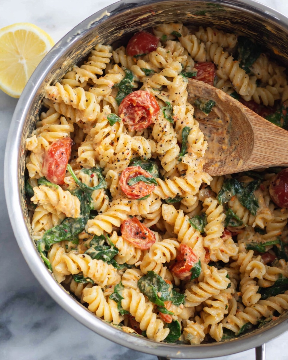 A close-up view of a shiny metal pot filled with creamy spiral pasta mixed with small, halved red cherry tomatoes and wilted green spinach leaves. A wooden spoon coated with the creamy sauce is resting inside the pot, showing the pasta’s smooth texture and the sauce’s light orange color. In the top left corner, a lemon half is partly visible on a white marbled surface. The pasta and sauce mix look rich, with scattered black pepper on top, and the overall scene is bright and fresh. Photo taken with an iphone --ar 4:5 --v 7