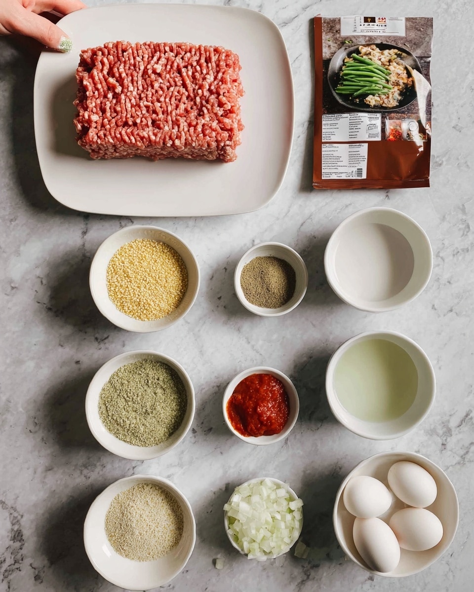 The image shows ingredients arranged on a white marbled surface. At the top left, there is a white plate holding a rectangular block of raw ground meat, pink with a slightly coarse texture. To its right, a brown sauce packet lies flat, showing an image of cooked meat with green beans on its label. Below the plate, there are seven small white bowls arranged in a grid. The top row includes a bowl with yellowish granules on the left, a bowl with a small amount of bright red paste in the middle, and a bowl filled with light greenish breadcrumbs on the right. The middle row has an empty bowl with a little bit of liquid, mostly white, on the left, and a bowl containing three green and beige powdered spices mixing together on the right. The bottom row contains a bowl of chopped white onions on the right and two white eggs in a bowl on the left. A woman's hand is holding the meat plate from the left side. photo taken with an iphone --ar 4:5 --v 7