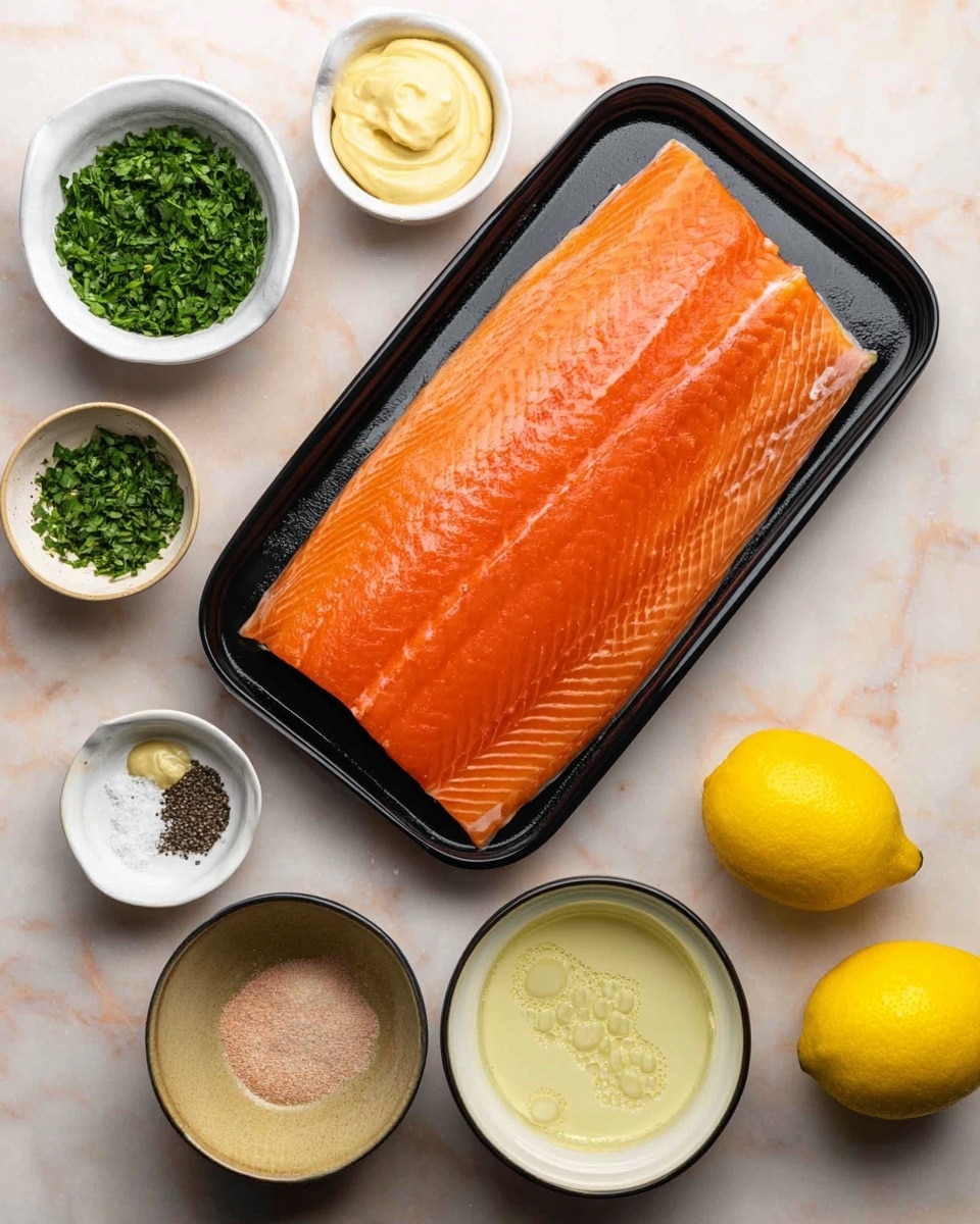 A large bright orange piece of raw salmon with smooth texture lies in a black tray at the center. Around it, small white bowls hold different ingredients: finely chopped green herbs in the top left bowl, light yellow mustard in the bottom right bowl, creamy white mayonnaise in the bottom middle bowl, a mix of salt and black pepper in the top right bowl, a pale yellow liquid (olive oil) in the far right bowl, a light beaten egg with bubbles in the bottom left bowl, a tan bowl with a creamy white and brown powder mixture in the middle left, and two halved yellow lemons at the bottom right on a white marbled surface. photo taken with an iphone --ar 4:5 --v 7