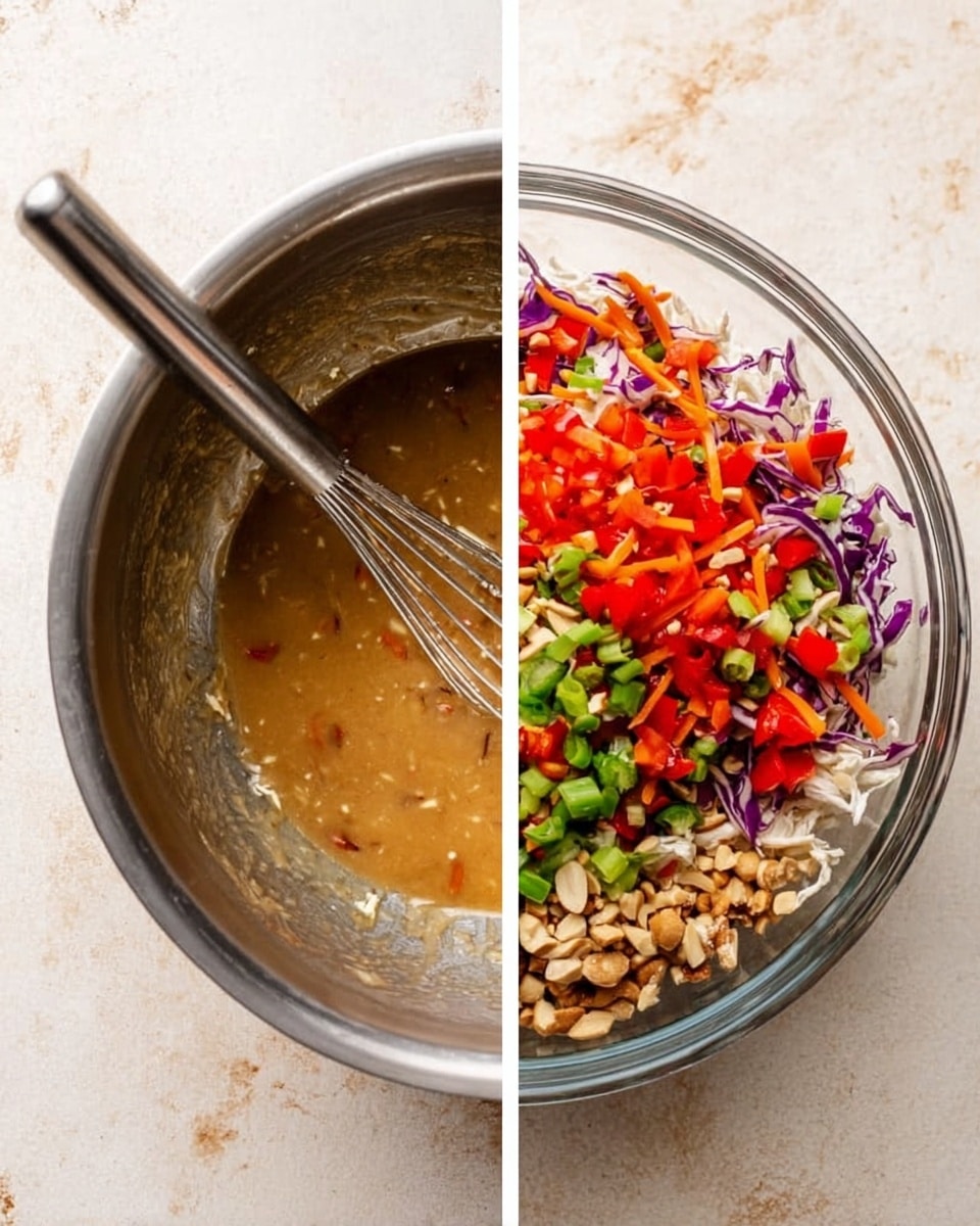 The left side shows a shiny metal bowl on a white marbled surface with a light brown smooth sauce inside, and a metal whisk resting in the bowl. The right side shows a clear glass bowl filled with layers of shredded white chicken at the bottom, chopped green onions and thin strips of purple cabbage in the middle, diced bright red bell peppers scattered on top, and a final layer of chopped light brown nuts covering the dish. The photo is taken with an iphone --ar 4:5 --v 7