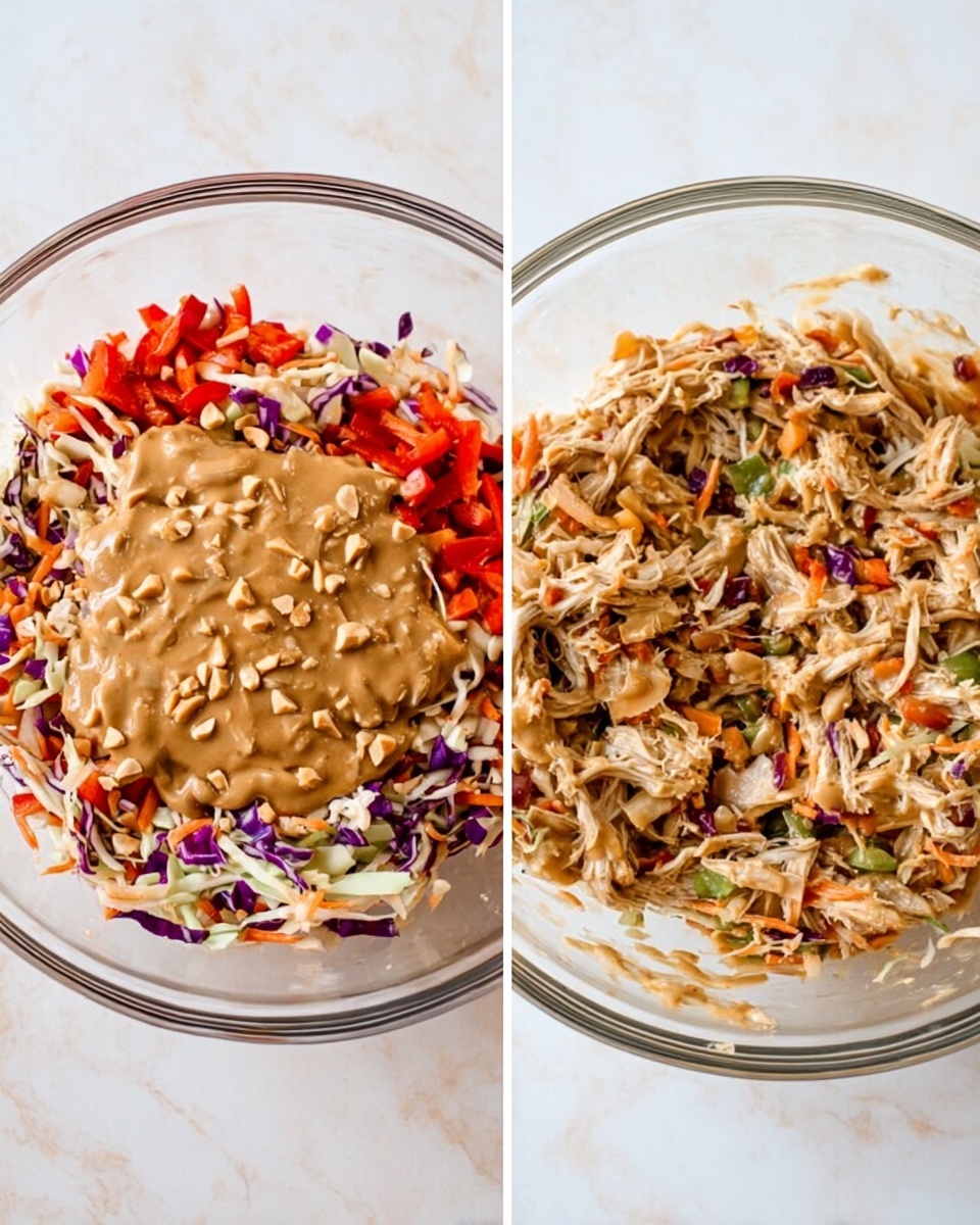 The image shows two clear glass bowls on a white marbled surface. The left bowl contains layers of colorful ingredients, starting with chopped red bell peppers and shredded light-colored chicken at the bottom, topped with a rich, creamy tan sauce and some small chopped nuts scattered on top. The right bowl shows all the ingredients mixed together, revealing shredded chicken mixed with thin strips of purple cabbage, shredded white cabbage, orange carrots, small green pieces, and bits of red pepper, all coated evenly in the same tan sauce. photo taken with an iphone --ar 4:5 --v 7