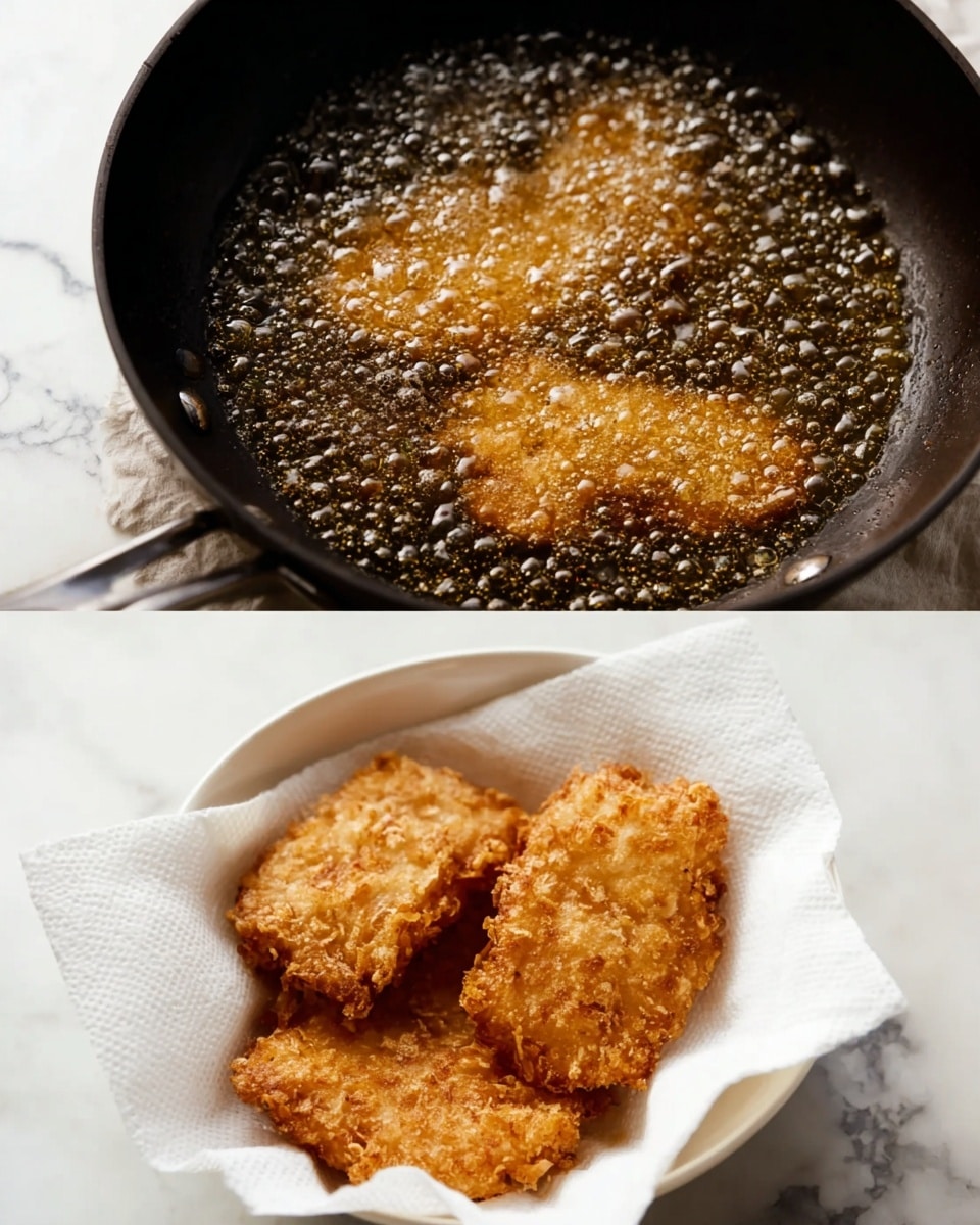 The image shows two parts: on top, there is a close-up of pieces of food frying in hot oil inside a dark pan, with the oil bubbling actively around the golden-brown crispy edges; below, three pieces of fried food with a rough, crunchy golden-brown coating sit on a white paper towel inside a white bowl, placed on a white marbled surface. photo taken with an iphone --ar 4:5 --v 7