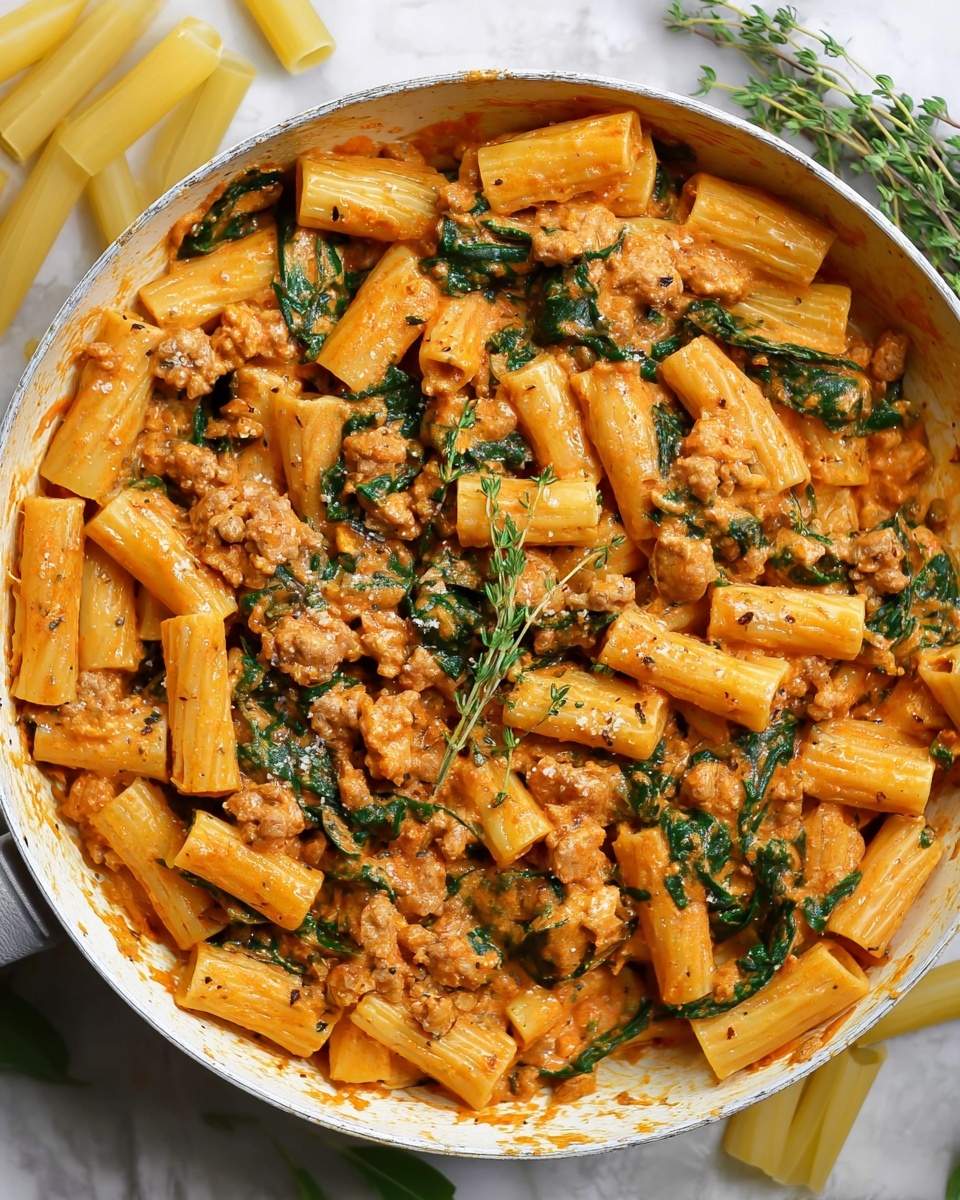 The dish is a creamy pasta with thick, tube-shaped rigatoni in a rich orange sauce. The pasta is mixed with small chunks of light brown cooked meat and dark green leafy spinach scattered throughout. The sauce is smooth with visible seasoning and herbs, coating the pasta and meat evenly. The food is served in a white pan resting on a white marbled surface, with some raw pasta pieces and fresh thyme placed nearby, adding a natural and fresh feel to the scene. photo taken with an iphone --ar 4:5 --v 7