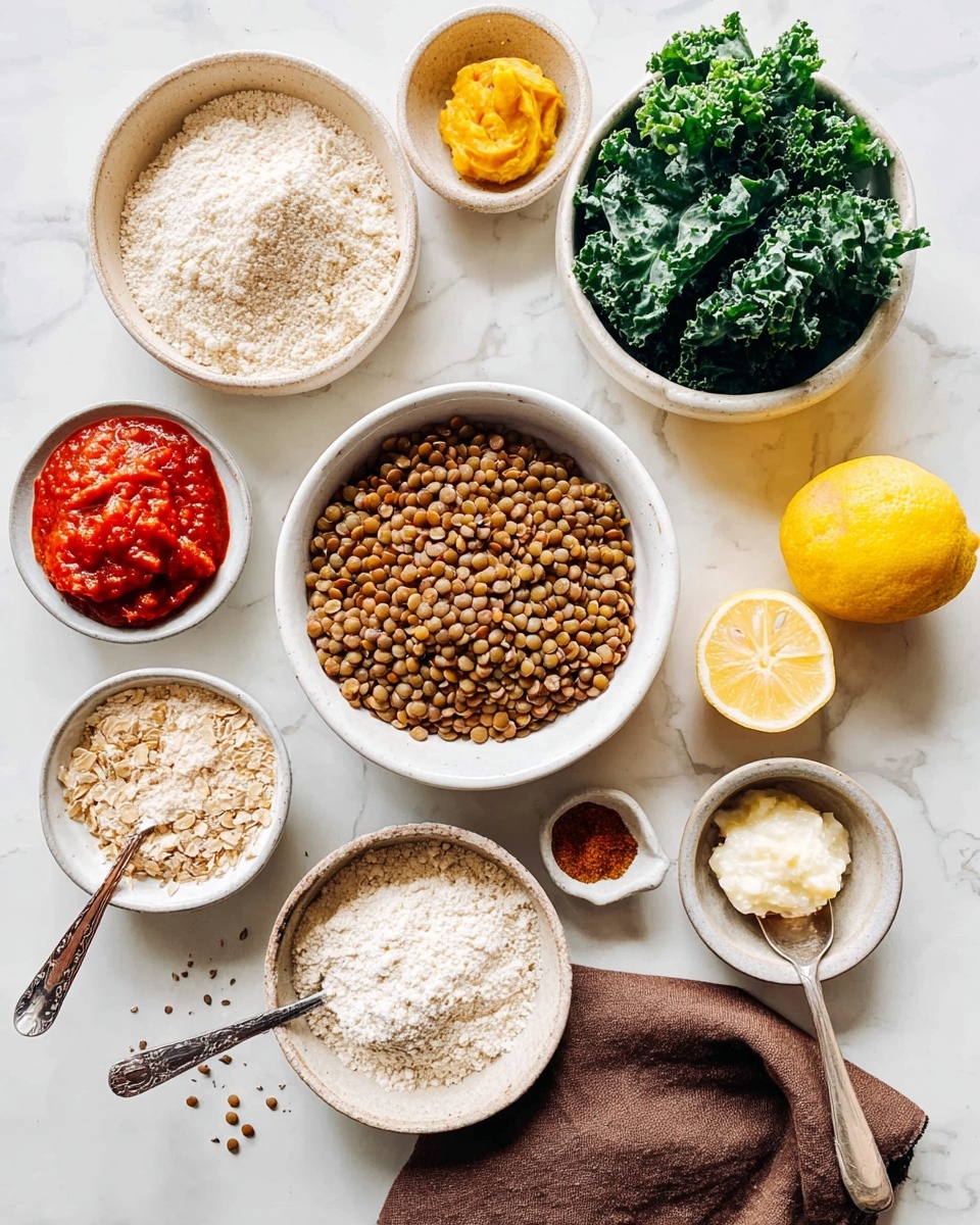 The image shows several small white bowls and dishes arranged on a white marbled surface. In the center is a white bowl full of brown lentils. Surrounding it are bowls with pale oats, light beige flour, and white coconut oil. Other dishes hold bright red tomato paste, yellow mustard, chopped green kale, pale yellow lemon wedges, and small spoons with light powdered spices in orange and beige. A brown cloth is placed near the bowls, adding a warm touch. Everything is styled neatly with soft natural light. Photo taken with an iphone --ar 4:5 --v 7