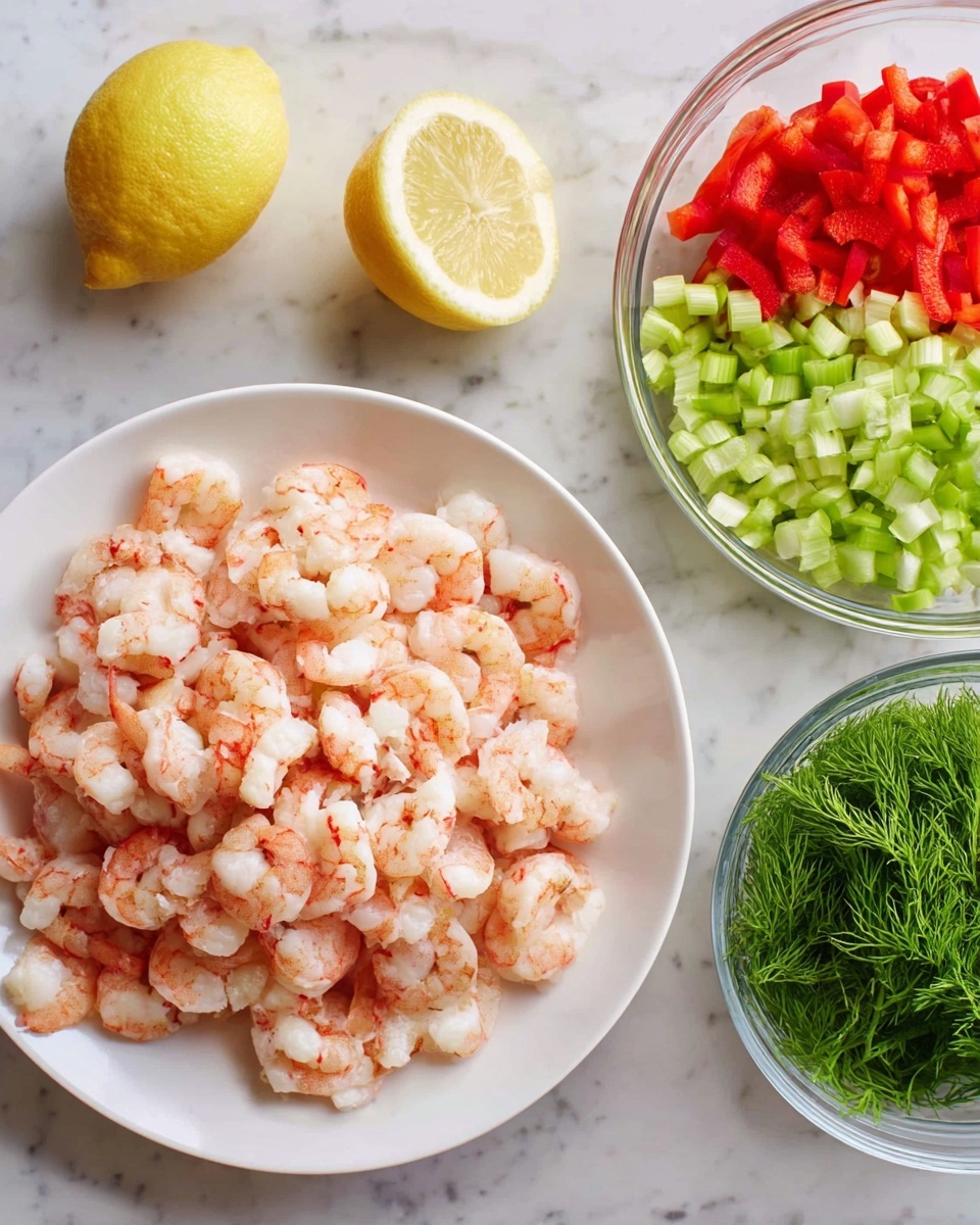 The image shows a white round plate filled with a single layer of pink and white cooked shrimp arranged closely together. To the top left of the plate, there are two lemon halves with a bright yellow color and slightly textured surface. On the right side, there is a clear glass bowl containing four separate sections of chopped ingredients: green celery pieces, pale green scallions, red bell pepper, and fresh green dill, all neatly divided. The bowl and plate sit on a white marbled surface with subtle gray veins. photo taken with an iphone --ar 4:5 --v 7