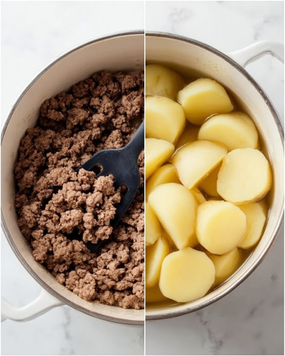 The image shows two pots side by side on a white marbled surface. The left pot is white and filled with cooked ground beef, browned and crumbly in texture. A black slotted spoon rests inside the pot, partially lifting some of the beef. The right pot, also white, contains peeled and whole potato pieces submerged in water, displaying a smooth, pale yellow surface. Both pots are viewed from above, showcasing clear details of the contents. Photo taken with an iphone --ar 4:5 --v 7