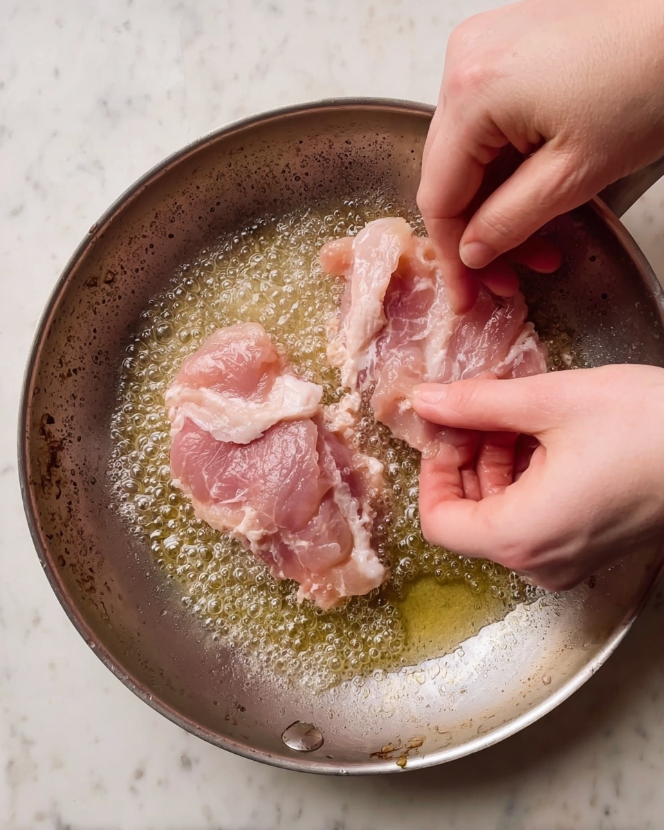 In a round silver pan on a white marbled surface, two pale pink raw pieces of meat with white fat edges are being placed into bubbling butter. The meat pieces look soft with slight shine and the woman's hands are gently holding one piece near the pan’s edge and the other piece is near the center where the butter bubbles are forming. The pan is slightly worn, showing dark spots on the upper rim. Photo taken with an iphone --ar 4:5 --v 7