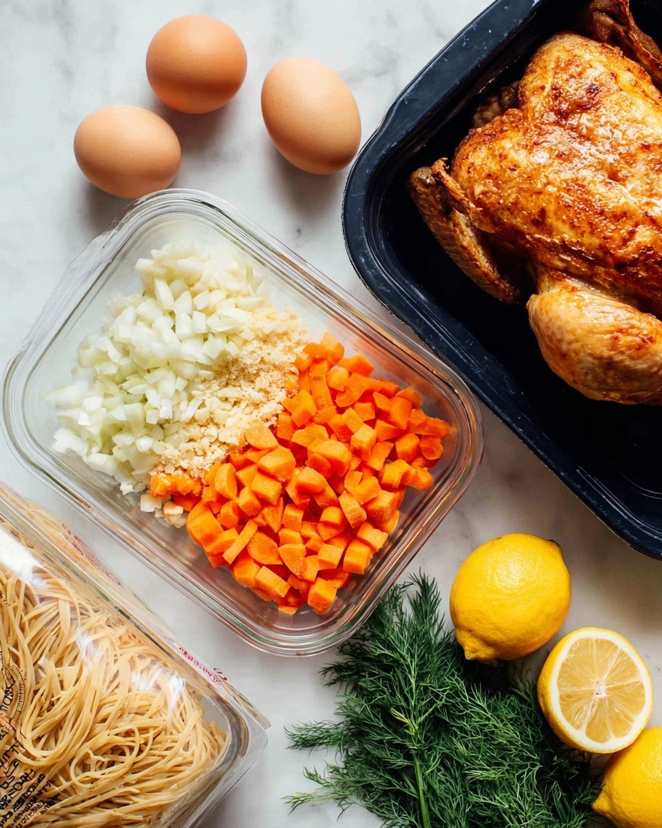 The image shows a clear glass container filled with three layers: the bottom layer is light beige chopped garlic, the middle layer is bright orange diced carrots, and the top layer is white chopped onions, all appearing fresh and neatly arranged. Nearby on a white marbled surface, there is a black container with a cooked whole golden brown chicken with crispy skin. Around the containers are two brown eggs, two whole yellow lemons, fresh green dill sprigs, and a bag of dry beige noodles. The scene is bright and clean, with natural colors and textures clearly visible. Photo taken with an iphone --ar 4:5 --v 7