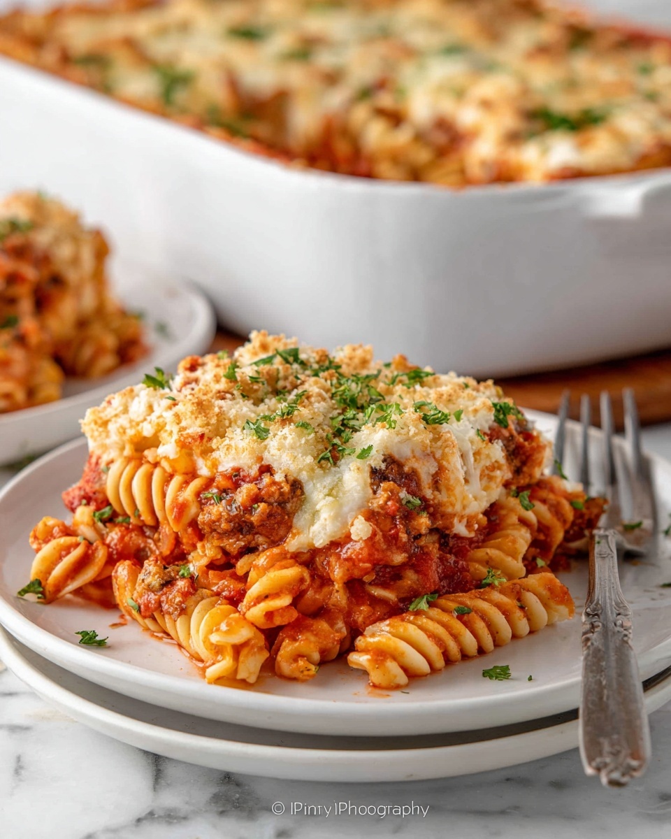 A white plate holds a serving of baked pasta with three layers: the bottom layer shows spiraled pasta mixed with red tomato sauce and chunks of browned meat, the middle layer has more tomato sauce with sprinkled green herbs, and the top layer is golden melted cheese mixed with breadcrumb crumbs, lightly browned and sprinkled with fresh parsley. The plate sits on a stack of two more white plates on a white marbled surface, with a fork nearby. In the background, there is a large white baking dish filled with the same baked pasta. Photo taken with an iphone --ar 4:5 --v 7