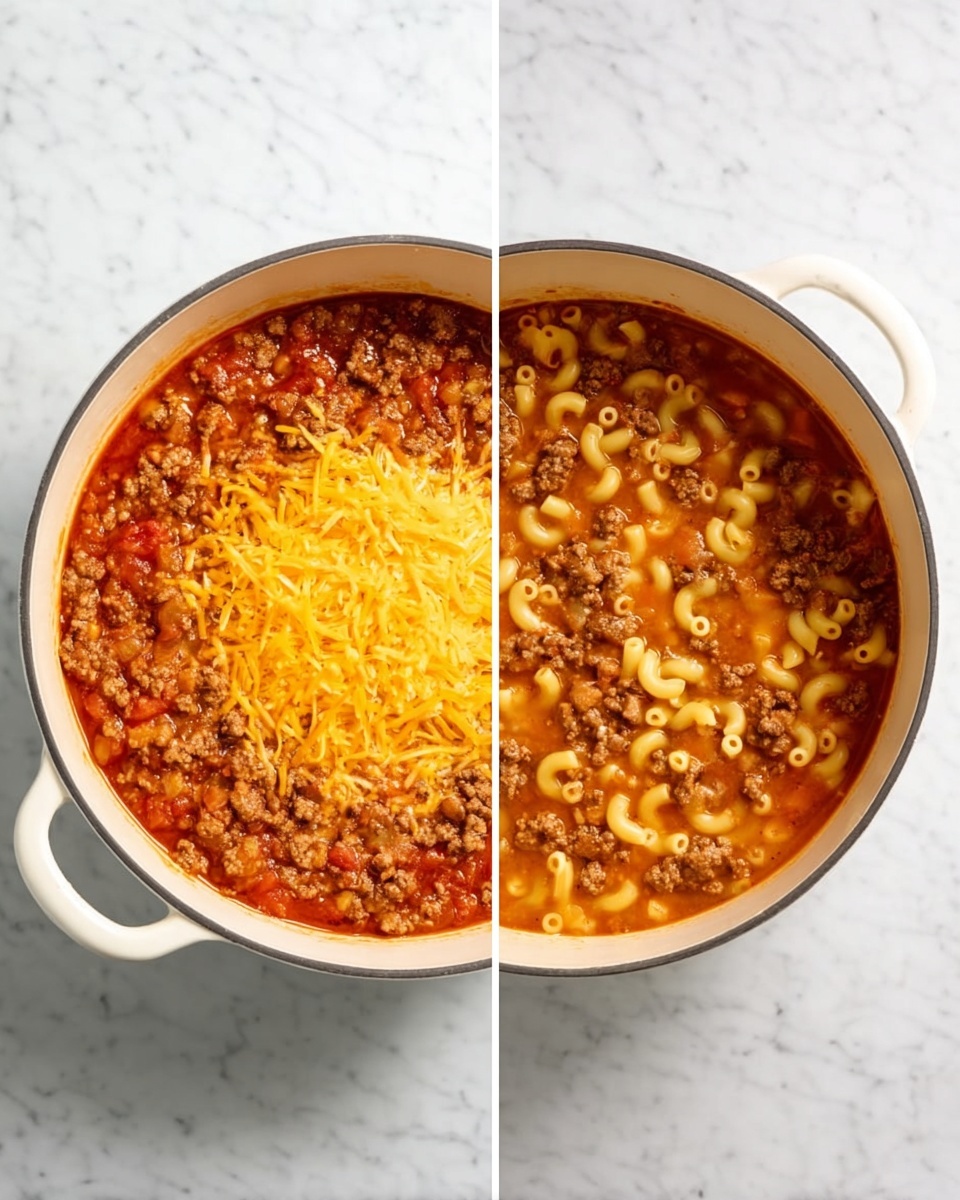 A white pot on a white marbled surface contains two stages of a macaroni and beef dish. The left side shows cooked ground beef mixed with red tomato sauce, topped with a thick layer of shredded bright orange cheese in the center. The right side shows the same pot after macaroni pasta has been added, immersed in the red tomato sauce, with browned ground beef mixed evenly throughout. The cheese is no longer visible, and the texture looks saucy and smooth with small curved macaroni pieces spread throughout the pot. Photo taken with an iphone --ar 4:5 --v 7
