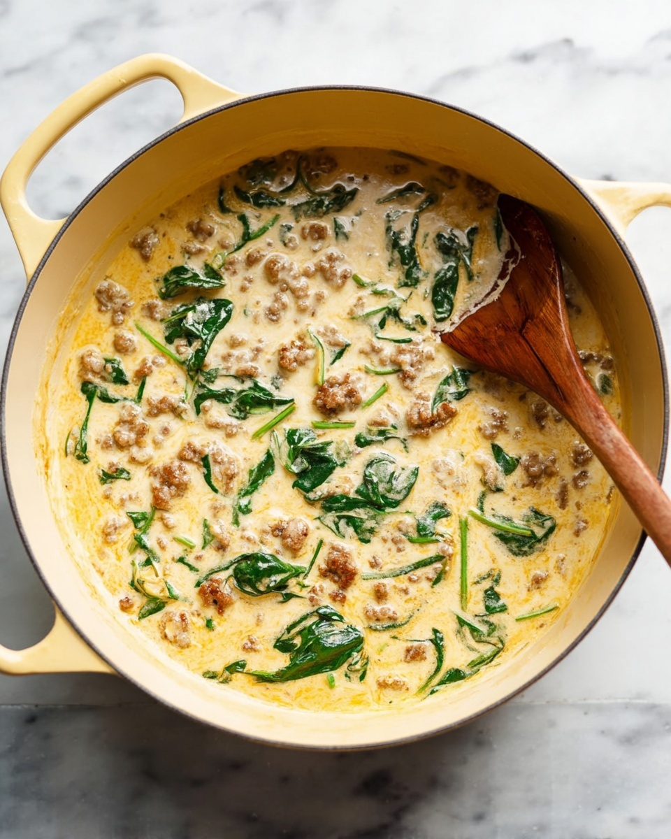 A large yellow pot sits on a white marbled surface, filled with a creamy dish that has three main layers mixed together: a light yellow cheesy sauce, small chunks of brown cooked sausage, and bright green spinach leaves scattered evenly throughout. A wooden spoon is dipped into the pot on the right side, partially covered by the sauce, sausage, and spinach. The creamy texture blends with the meat and greens, creating a rich and hearty appearance. photo taken with an iphone --ar 4:5 --v 7