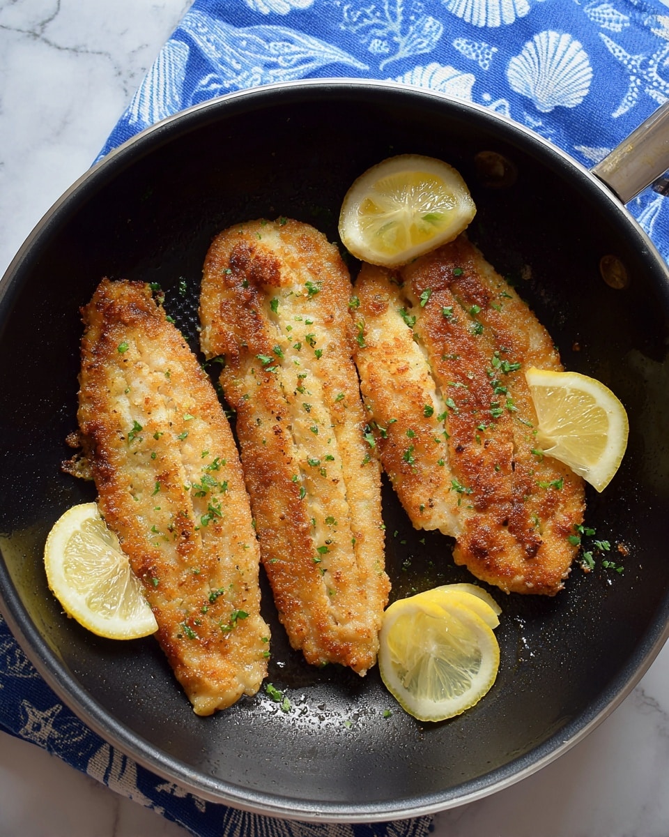 Four golden brown fried fish fillets with a crispy texture and small green herb sprinkles lie side by side in a black frying pan. Three lemon wedges with bright yellow rinds and juicy pale flesh are placed between and around the fish in the pan. The pan rests on a white marbled surface which is mostly covered by a blue and white cloth with sea shell and starfish patterns. photo taken with an iphone --ar 4:5 --v 7