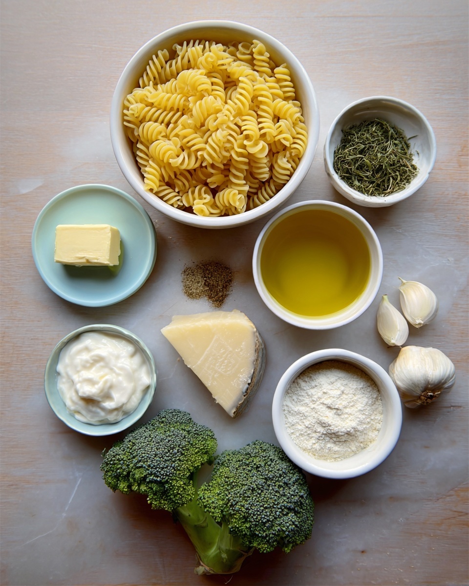 The image shows several ingredients neatly arranged on a white marbled surface. At the top center there is a white bowl filled with uncooked yellow spiral pasta. To the right of the pasta is a white bowl filled with golden broth and some green herbs beside it. Below the broth is a small white sauce dish with olive oil. On the left side of the pasta is a small light blue plate with a pat of pale yellow butter, and below that is a white bowl filled with thick white cream. In the middle center, there is a wedge of light beige cheese. Below the cheese is a small light blue dish holding a mix of dried herbs and spices. To the right of that dish is a small white bowl with white flour. At the bottom of the image there are bright green broccoli florets and a few garlic cloves. photo taken with an iphone --ar 4:5 --v 7