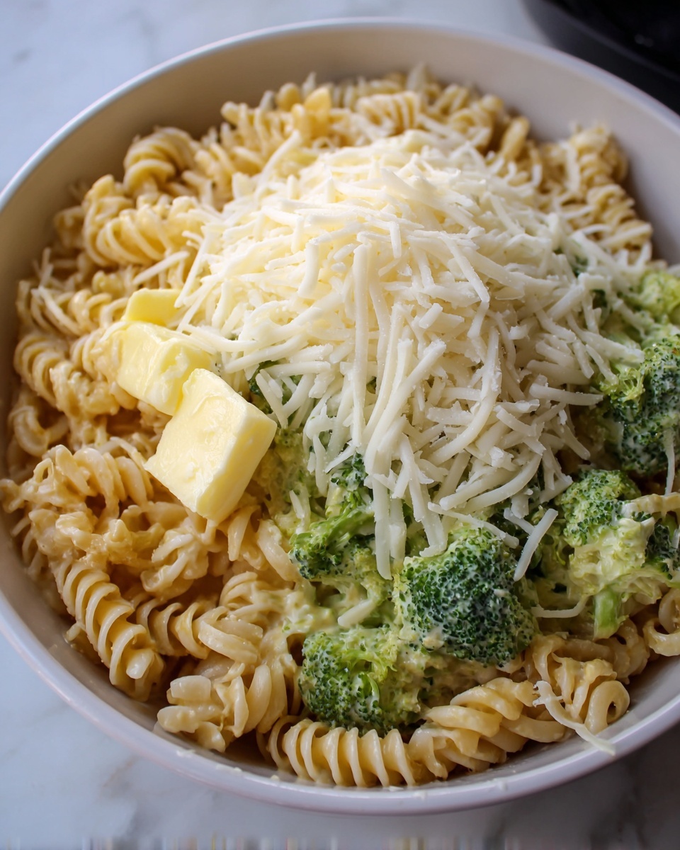 This image shows a close-up of creamy pasta with three main layers. The bottom layer is light yellow, twisted rotini pasta mixed with pieces of bright green broccoli. On top of the pasta and broccoli layer, there are two small pats of pale yellow butter slightly melting into the pasta. The top layer is a big mound of finely shredded white cheese that covers the pasta and butter in a fluffy pile. All of this is inside a white bowl set on a white marbled surface. photo taken with an iphone --ar 4:5 --v 7