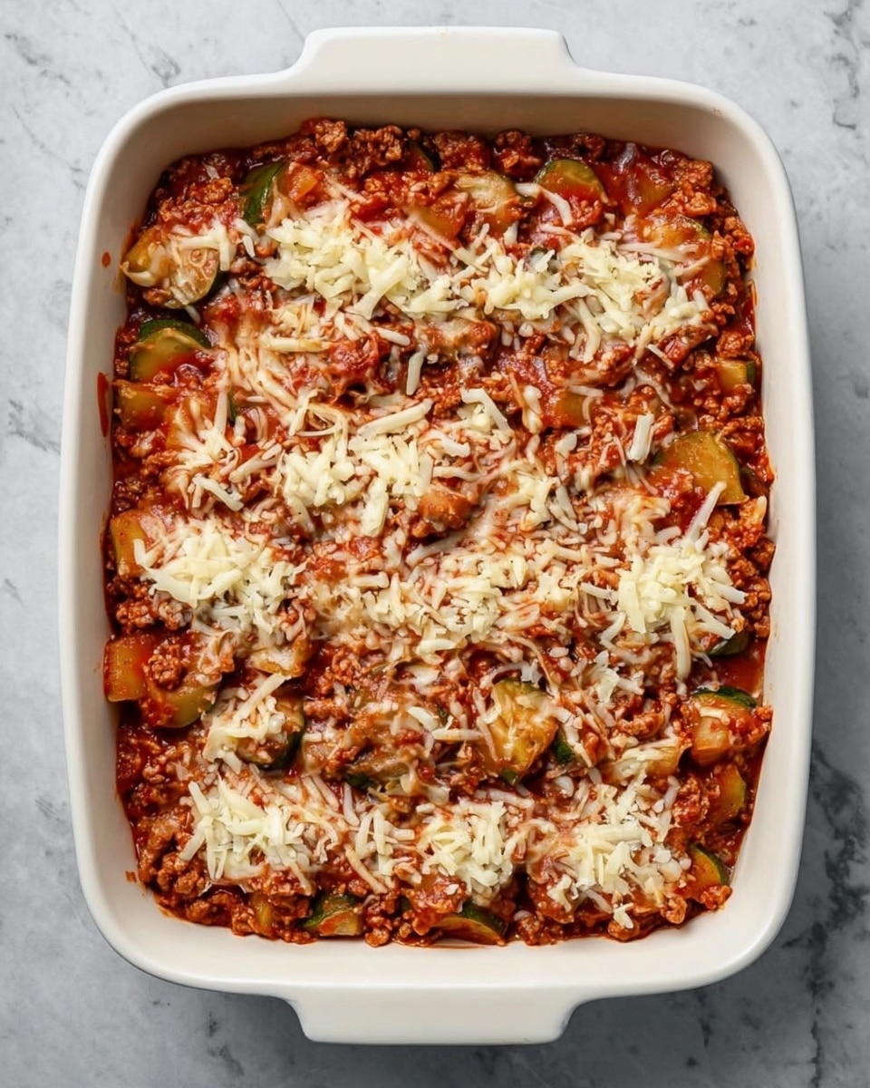A square white ceramic baking dish filled with a layered dish. The bottom and middle layers consist of a chunky tomato sauce mixed with cooked ground meat and soft, cooked vegetable pieces that look like eggplant or zucchini. On top, there are uneven patches of melted shredded cheese scattered mainly in clusters over the tomato and meat mixture. The dish sits on a white marbled surface. photo taken with an iphone --ar 4:5 --v 7