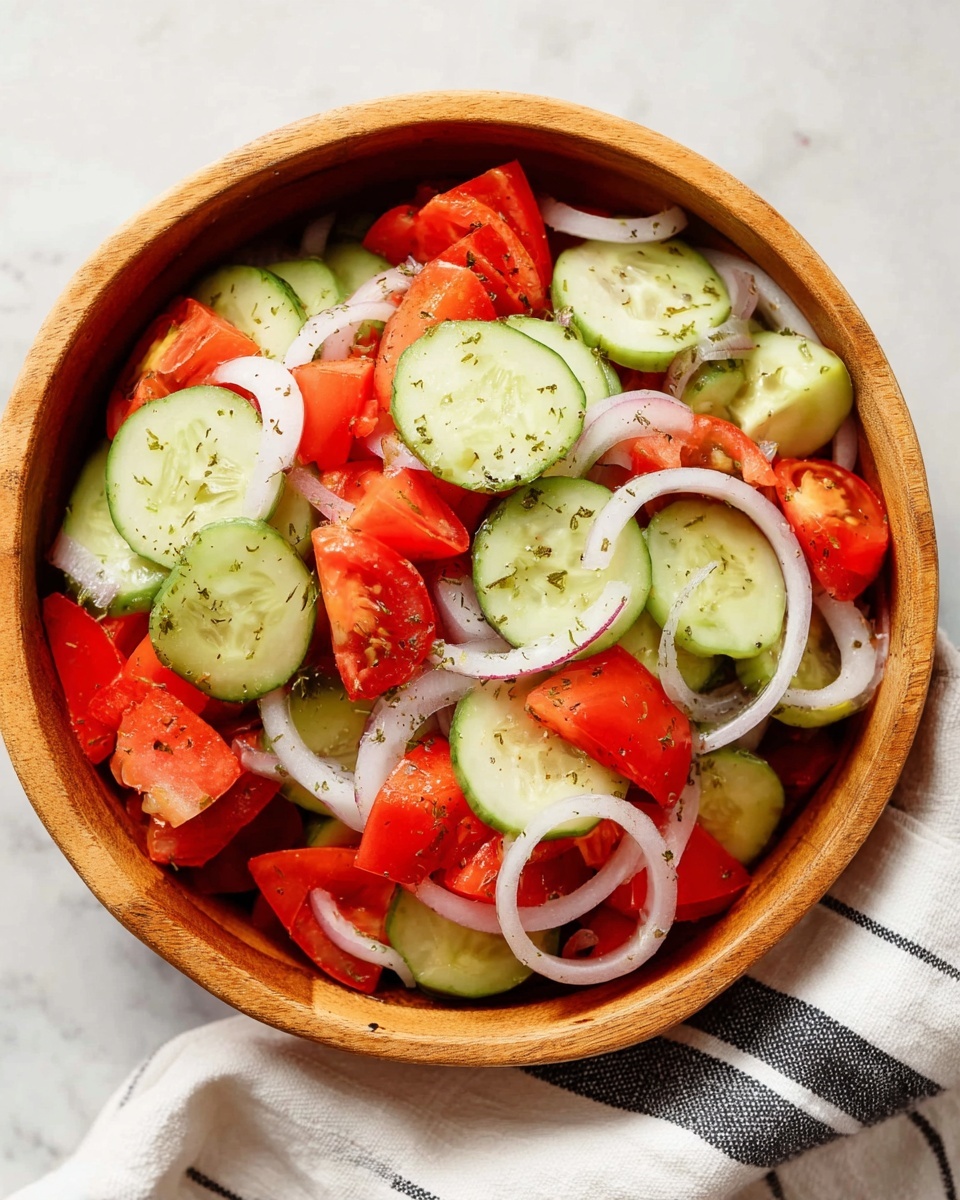 A wooden bowl filled with a colorful salad showing three main layers: green cucumber slices with soft textures spread evenly, bright red tomato chunks scattered all over, and white onion rings lying on top, some intermingled with the other vegetables; a light herb seasoning is sprinkled across the salad. The bowl sits on a white marbled surface next to a white cloth with black stripes. Photo taken with an iphone --ar 4:5 --v 7