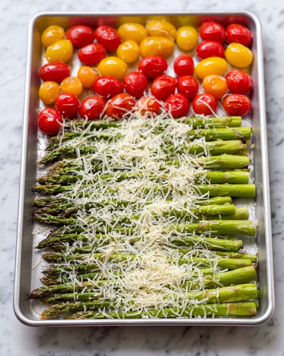 A silver tray holds two neat rows of green asparagus stalks covered with white shredded cheese, placed horizontally in the lower part of the tray. Above the asparagus, there is a row of halved colorful cherry tomatoes in red and yellow shades, arranged in a line. The tray is set on a white marbled surface, creating a clean and bright background. Photo taken with an iphone --ar 4:5 --v 7