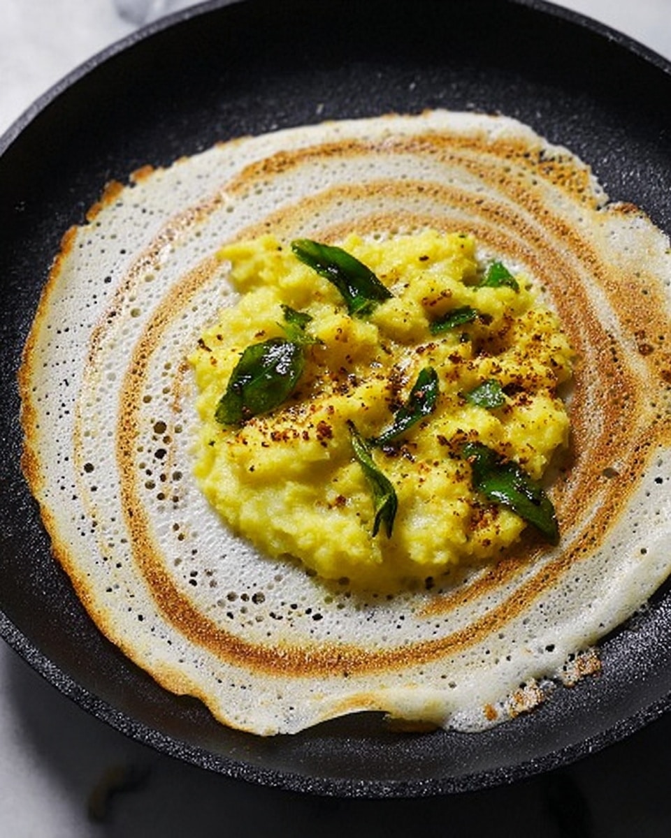 The image shows a round dosa on a black pan with a white marbled background. The dosa is thin with a bubbly, slightly spongy texture and light brown spiral rings on its surface. In the center of the dosa, there is a yellow mashed potato filling with some green curry leaves scattered on top. The dosa edges are rough and slightly crispy. Photo taken with an iphone --ar 4:5 --v 7