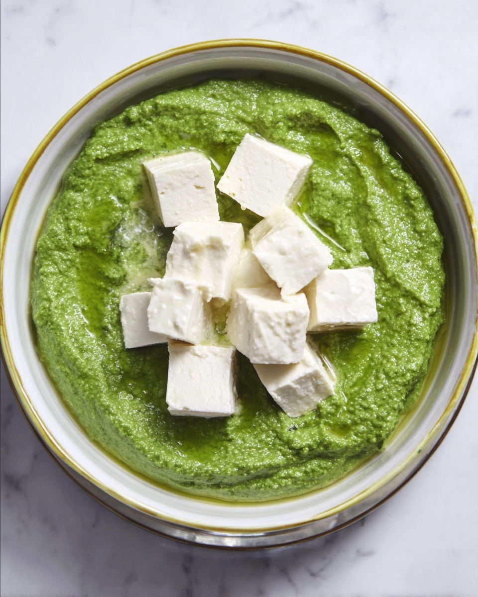 The image shows a bowl filled with a thick, bright green sauce with a slightly chunky texture. On top of this green layer, there are several white cubes that look soft and fresh, arranged in the center. The bowl is white with a thin rim that has a slight yellowish tint. This bowl sits on a white marbled surface that contrasts with the vibrant colors of the food inside. Photo taken with an iphone --ar 4:5 --v 7
