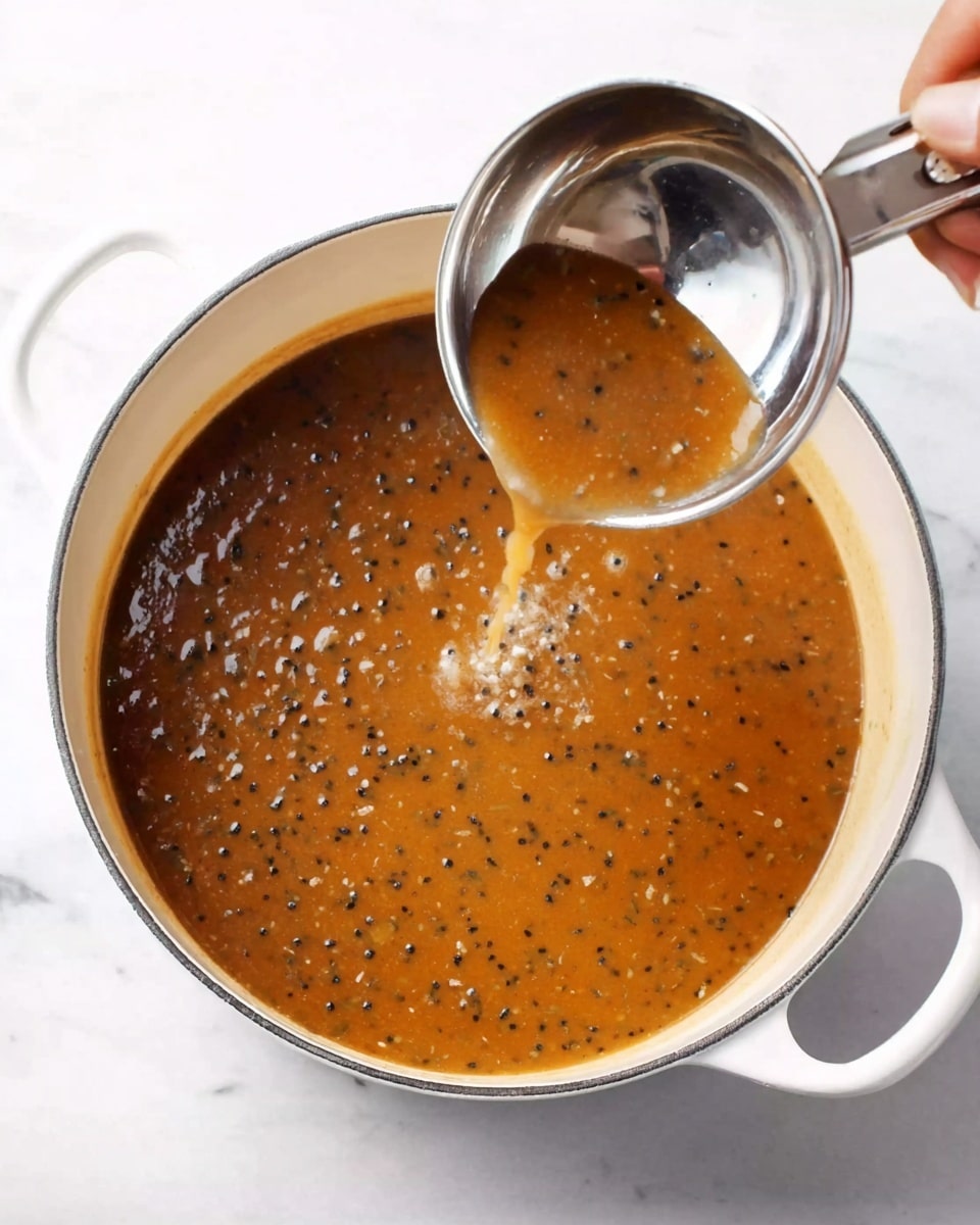 A white pot filled with thick brown soup with visible small black seeds and herbs floating on the surface. A woman's hand holds a shiny silver ladle pouring clear liquid into the pot from the top right. The background is a white marbled surface, and the pot has two small handles on each side. The texture of the soup looks smooth with tiny bits inside. Photo taken with an iphone --ar 4:5 --v 7