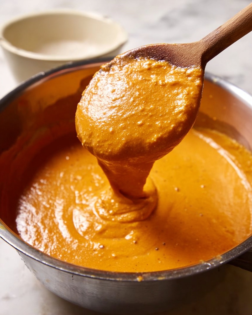 A close-up image shows a metal bowl filled with thick orange sauce that has a smooth, slightly chunky texture. A wooden spoon is lifting a spoonful of this sauce above the bowl, showcasing its thick, creamy consistency. The background surface is a white marbled texture, and part of a white bowl is visible in the background. The lighting highlights the rich color and texture of the sauce. photo taken with an iphone --ar 4:5 --v 7