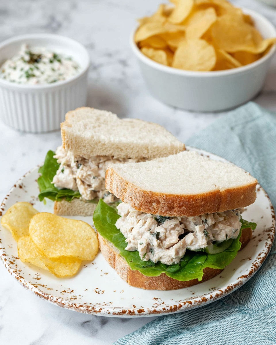A sandwich made with two layers of soft white bread, each layer filled with a creamy chicken salad mixed with small pieces of chicken and green leafy lettuce, placed on a white round plate with brown speckles on the edges. The sandwich is cut in half and slightly open, showing the creamy filling and lettuce inside. On the plate beside the sandwich halves, there are a few golden potato chips. In the background, there is a white bowl filled with more golden potato chips and a small white bowl with a creamy white sauce sprinkled with green herbs. The whole scene is set on a white marbled surface with a piece of light blue cloth next to the plate. photo taken with an iphone --ar 4:5 --v 7