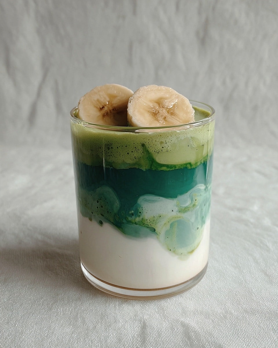 A clear glass filled with three visible layers: the bottom layer is thick and white, the middle layer is a smooth, deep green color, and the top layer is a mix of green and white with two light brown banana slices resting on it. The glass is placed on a white marbled texture surface. photo taken with an iphone --ar 4:5 --v 7