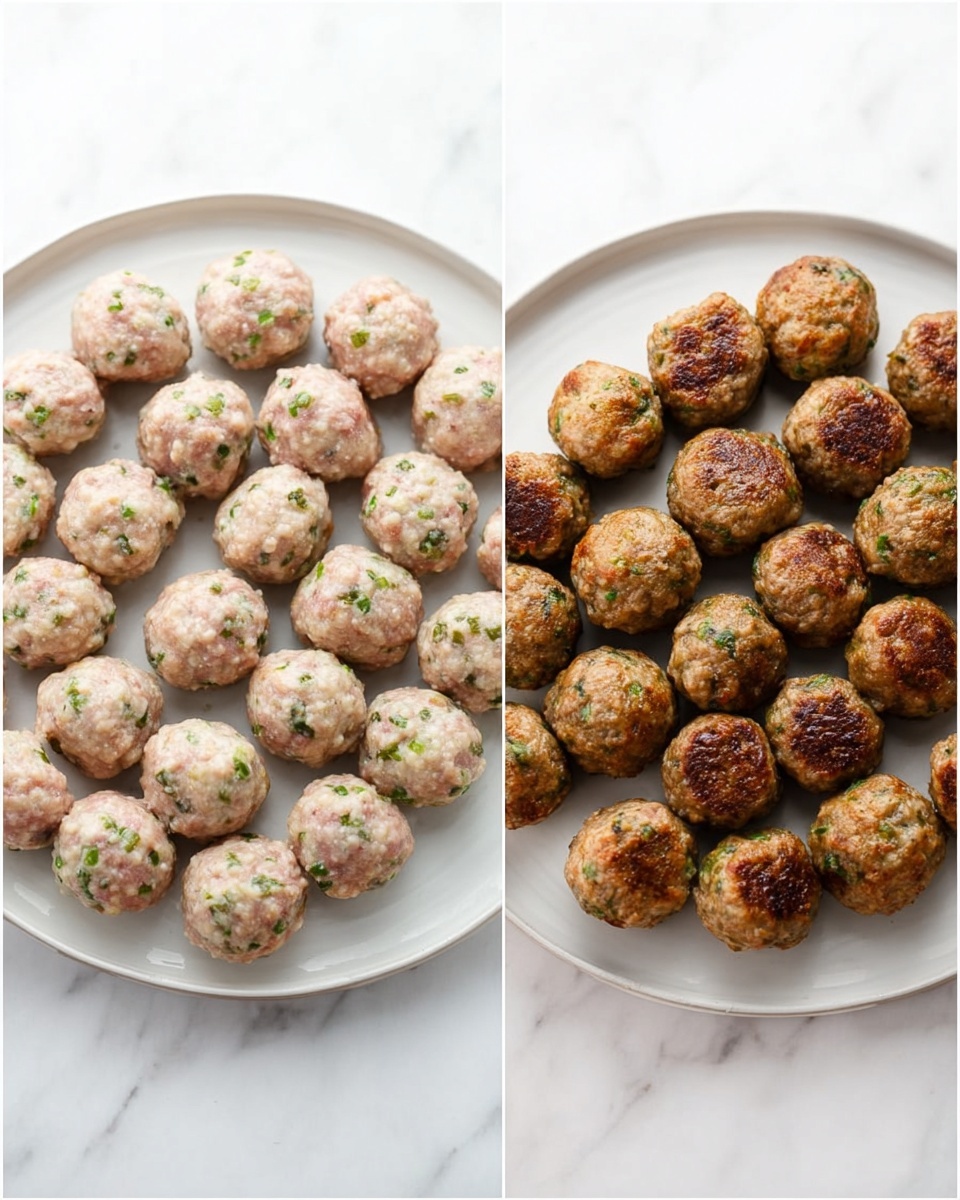 Two round white plates are shown on a white marbled surface. The left plate is full of raw meatballs that are pale pink with green flecks evenly spread in the shape of small spheres arranged tightly in rows. The right plate features cooked meatballs that are brown with slight charring and green flecks, looking firmer and rounder. The cooked meatballs are arranged the same way as the raw ones, filling the plate completely. Photo taken with an iphone --ar 4:5 --v 7