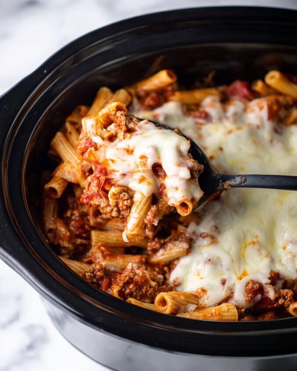 The image shows a black slow cooker filled with baked pasta layers. At the bottom, there is a layer of tube-shaped pasta coated in a red tomato sauce with bits of cooked meat mixed in. On top of this pasta layer, there is a layer of melted white cheese that looks soft and creamy, covering the pasta unevenly. A black spoon is scooping some of the pasta with cheese, revealing the mixed layers inside. The background and surface are white marble, making the black cooker and colorful pasta stand out. photo taken with an iphone --ar 4:5 --v 7