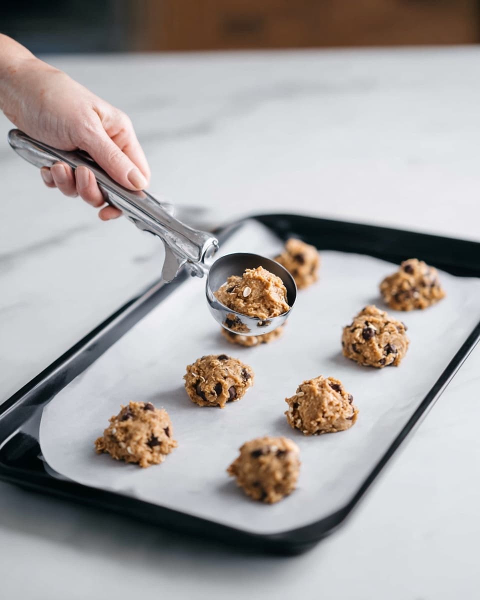 A woman's hand holds a metal cookie scoop, placing round mounds of cookie dough on a black baking tray lined with white parchment paper. There are eight mounds of dough in two rows, each dough mound light brown with visible chocolate chips and oats, giving a rough texture. The tray rests on a white marbled surface, and the background is softly blurred, drawing attention to the dough on the tray. photo taken with an iphone --ar 4:5 --v 7