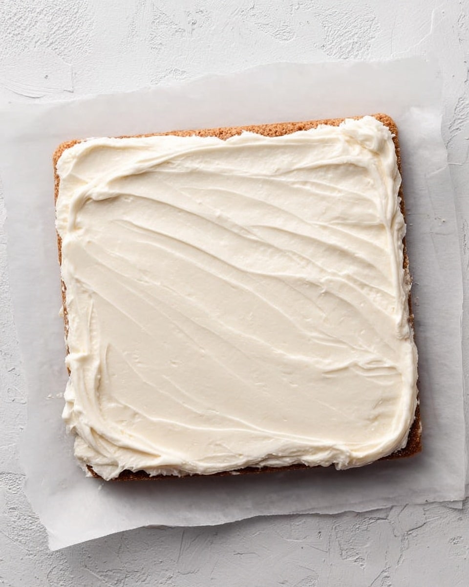 A square piece of brown cake with a soft texture is placed on white parchment paper over a white marbled surface. The cake is evenly covered with a thick layer of smooth, creamy white frosting, spread flat but with light ridges and swirls. The edges of the cake are visible and slightly raised around the frosting. photo taken with an iphone --ar 4:5 --v 7